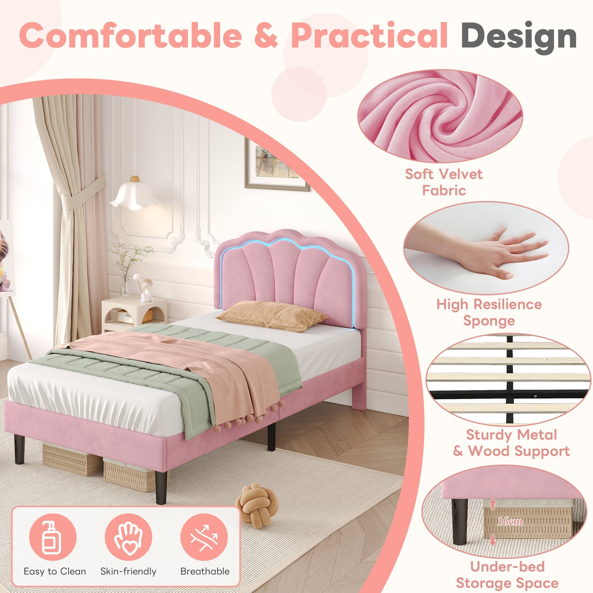 3ft Single Upholstered Bed with LED Adjustable Shell Shape Headboard, Soft Velvet, Pink