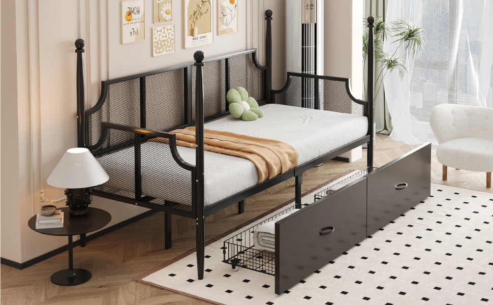 Iron Sofa Bed 90x200, Vintage Mesh with Storage, Black