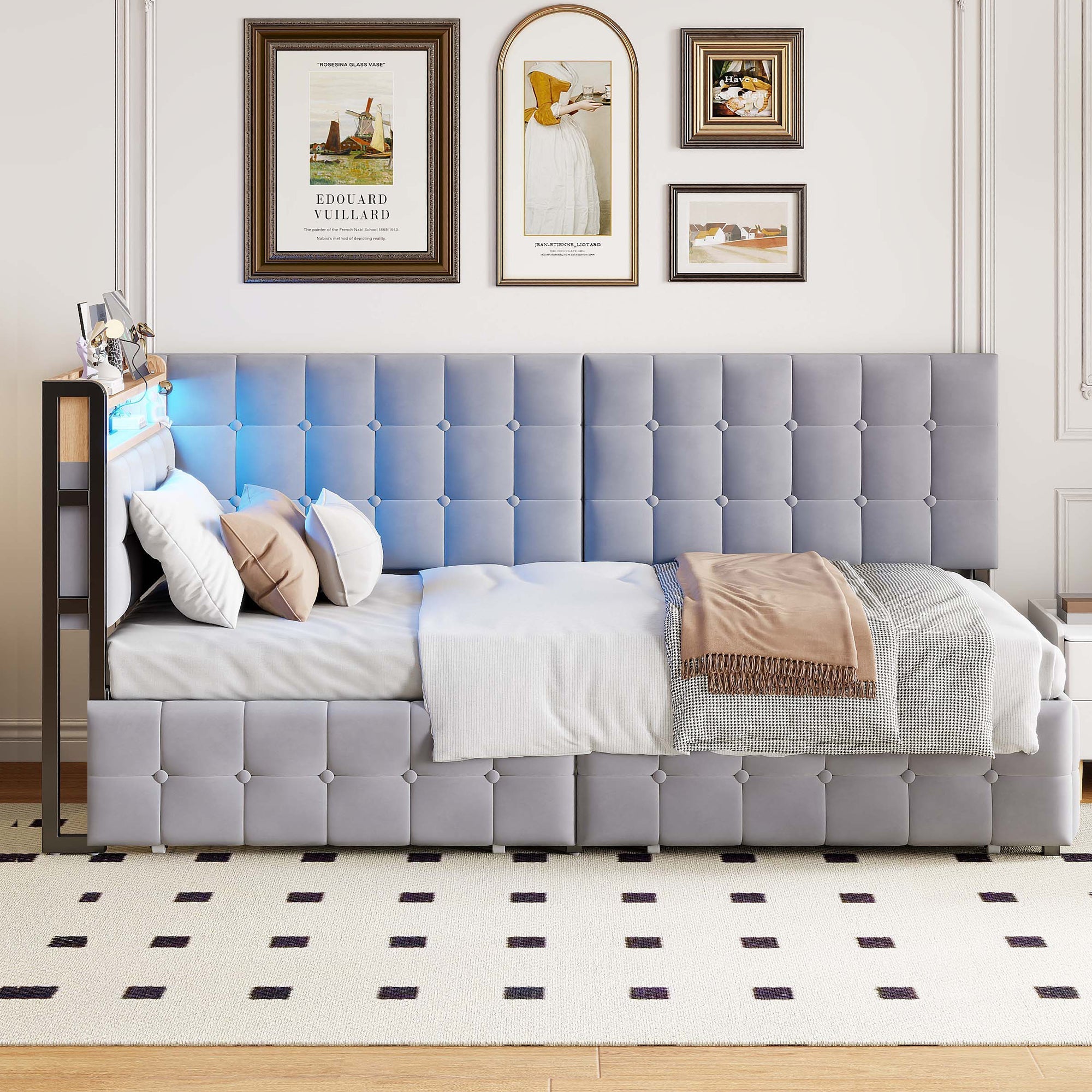 Upholstered Sofa Bed 90x200cm Drawers LED USB Grey