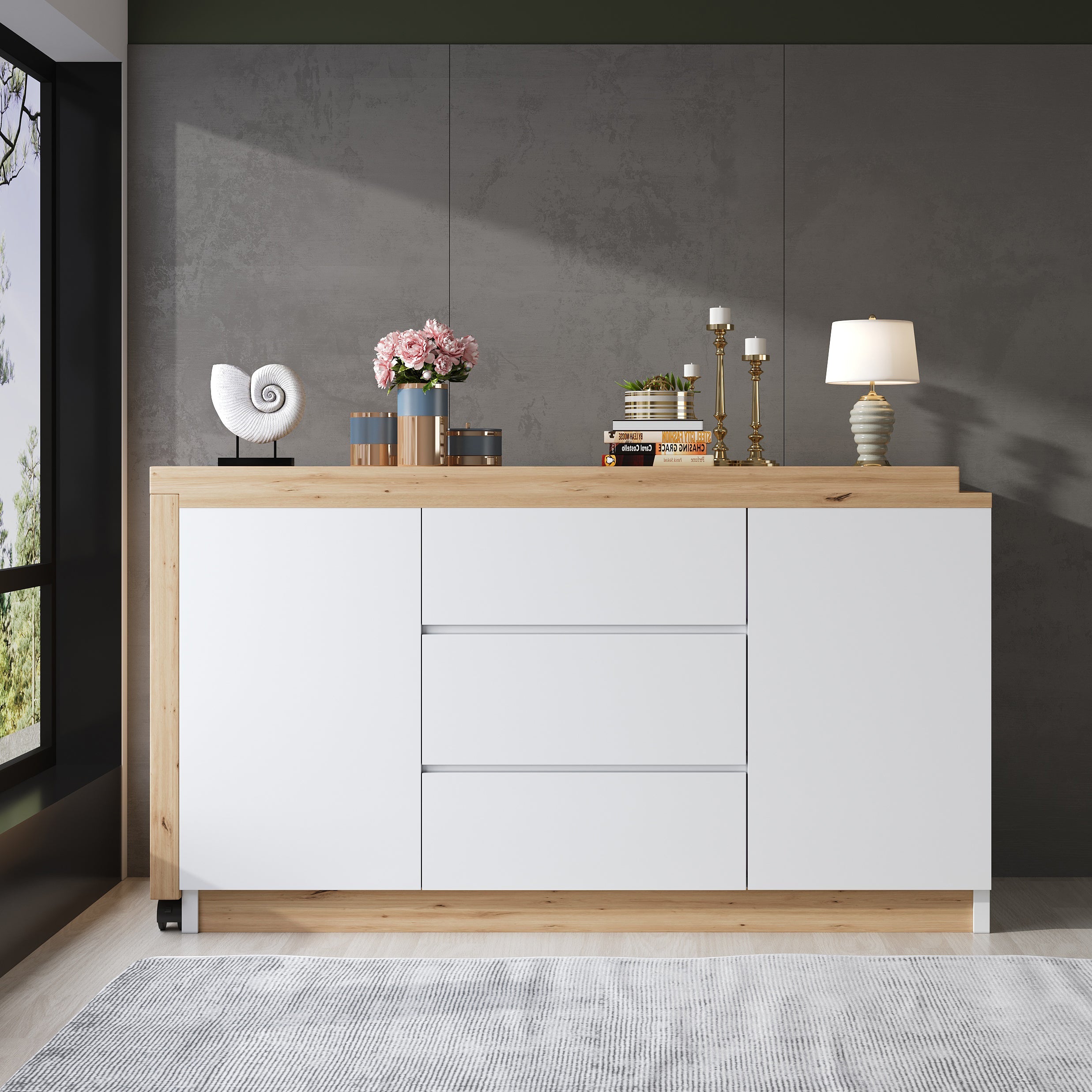 Desk, Multifunctional Rotating Tabletop, Foldable, Corner, White/Oak