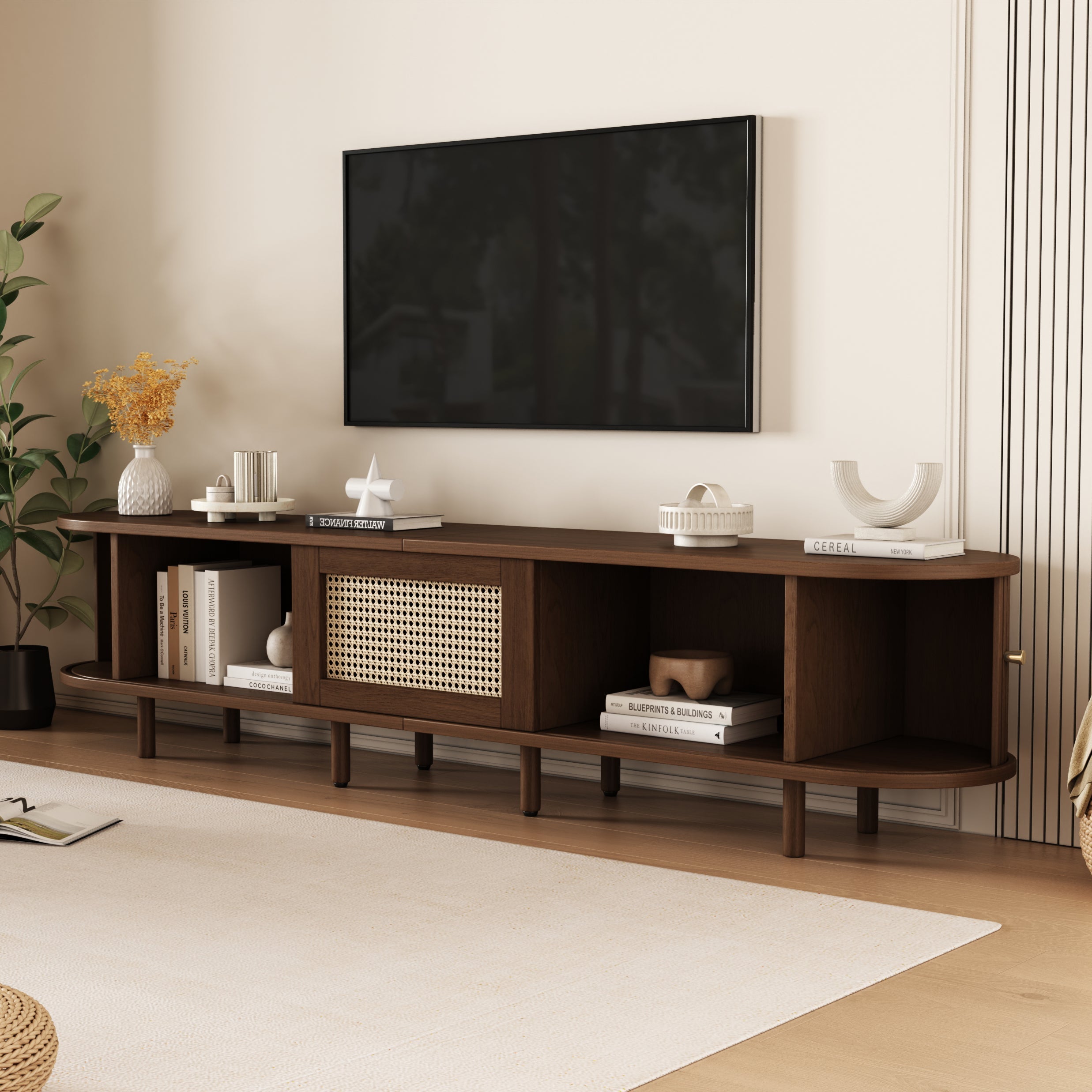 TV Stand with 1 Rattan Drawer, 2 Sliding Doors, Oval for 70 Inch TV, Dark Oak MDF