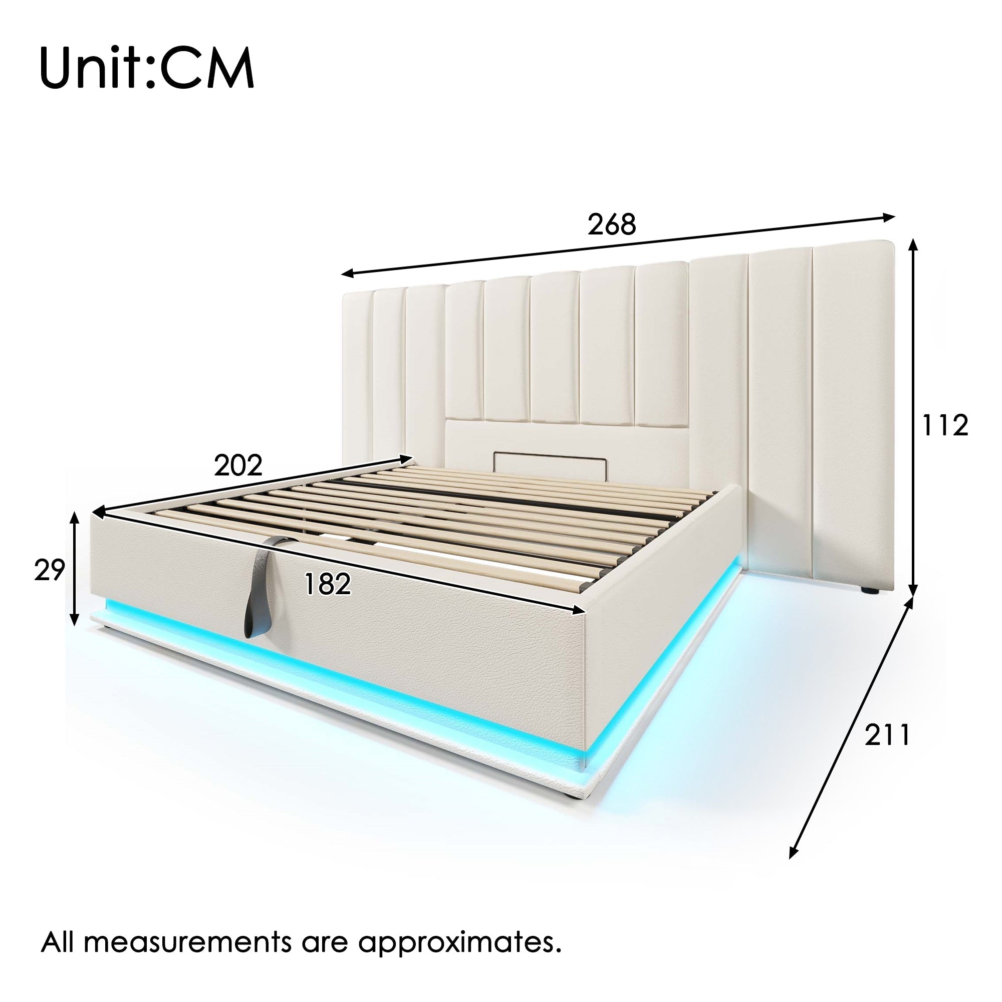 Upholstered Bed 180x200, Double Storage with App Control LED & USB-C, White PU