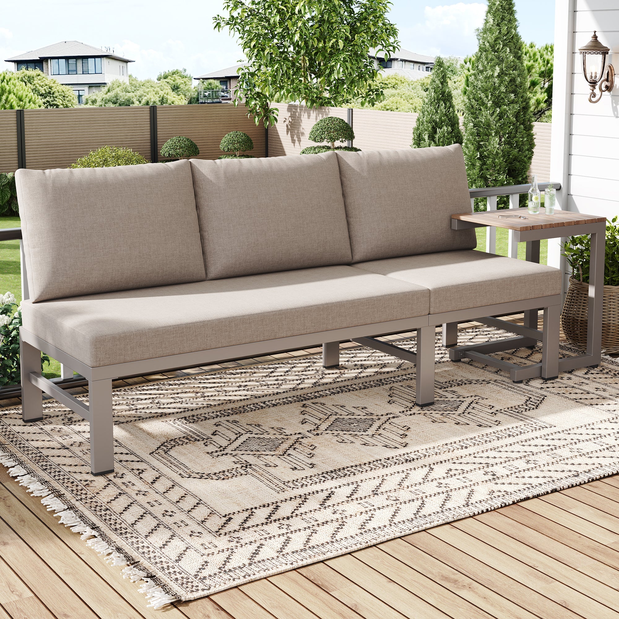 3-Seater Outdoor Sofa and Table Set with Adjustable Reclining Function, Khaki