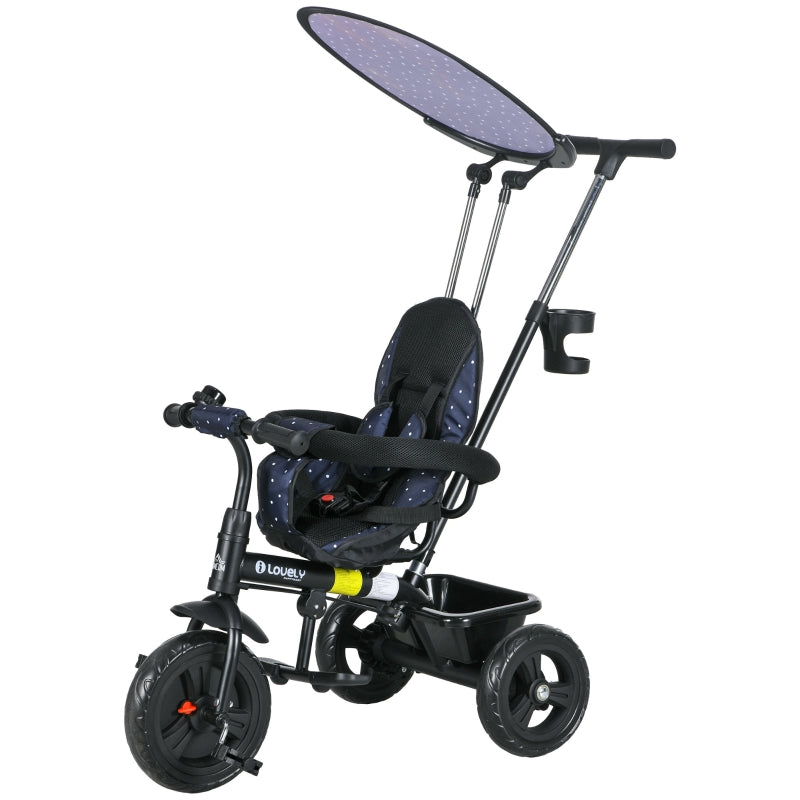 Children's tricycle 6-in-1 with push bar, canopy, belt, storage basket, dark blue