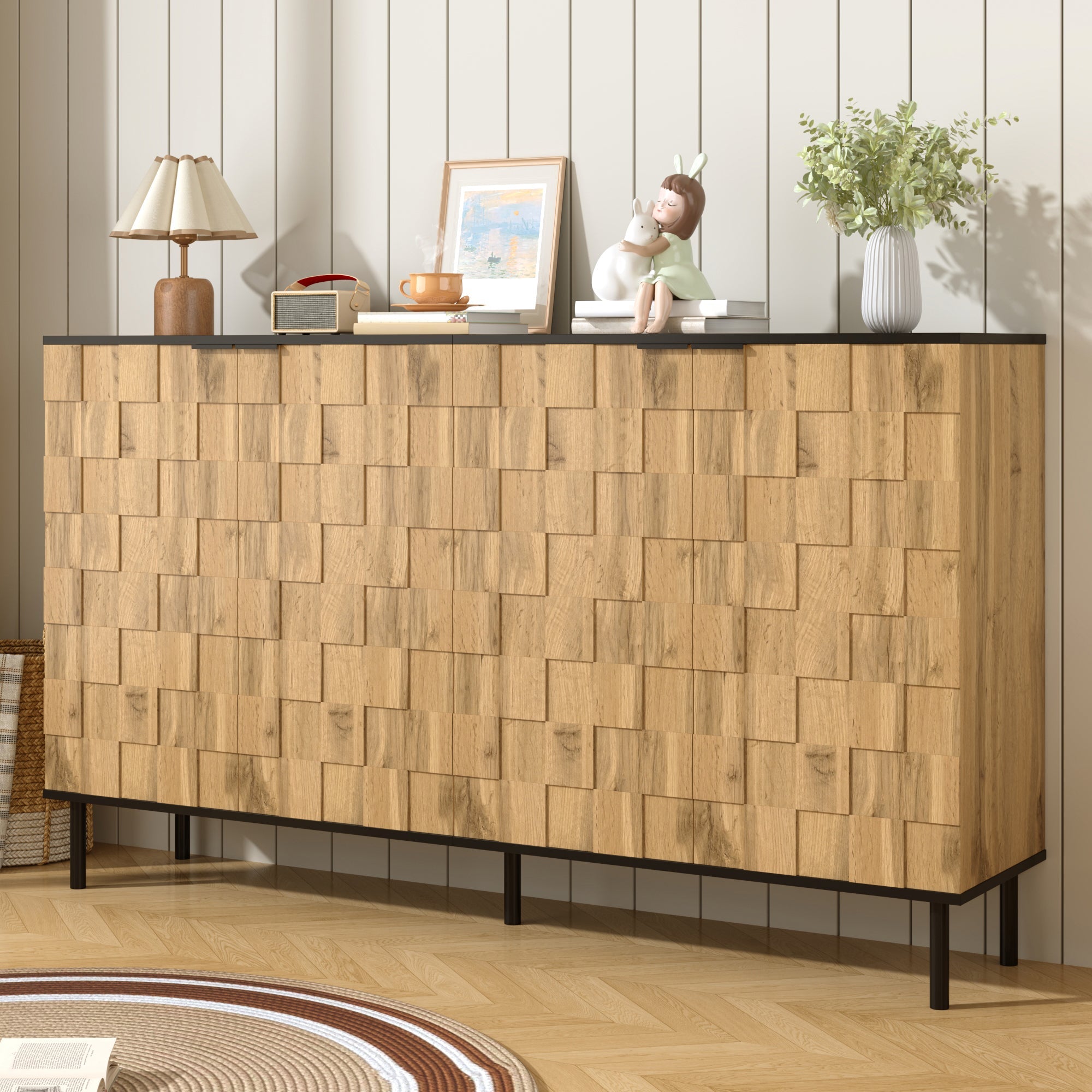 Mosaic Sideboard, 2-Door Storage Cabinet with Metal Feet, Wood-Look Chipboard