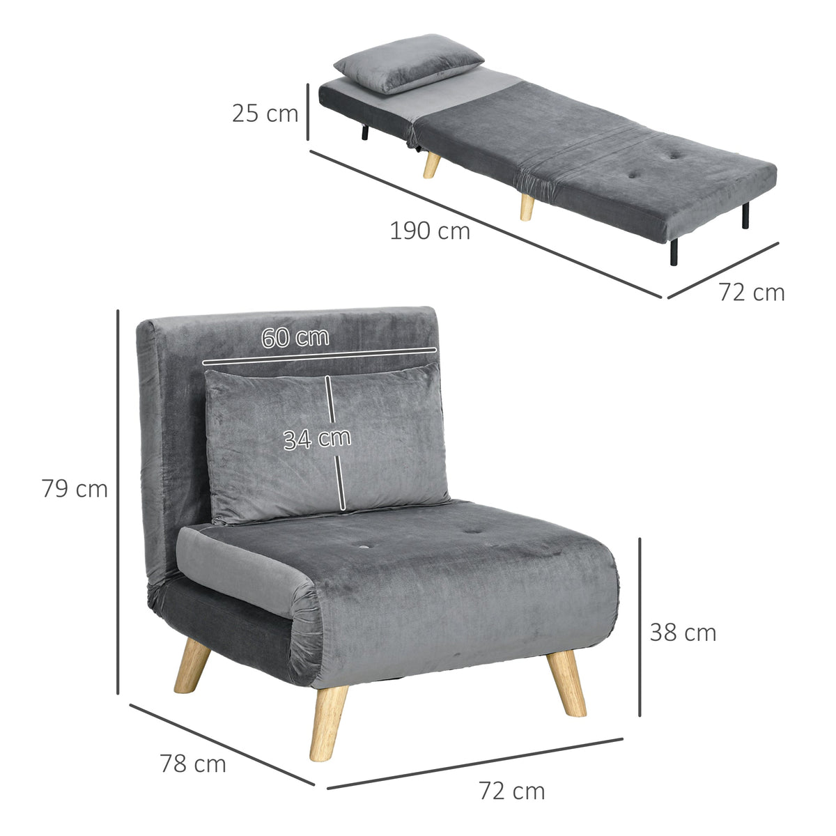 Sleeper Chair Folding Bed Adjustable Backrest - Velvet Grey