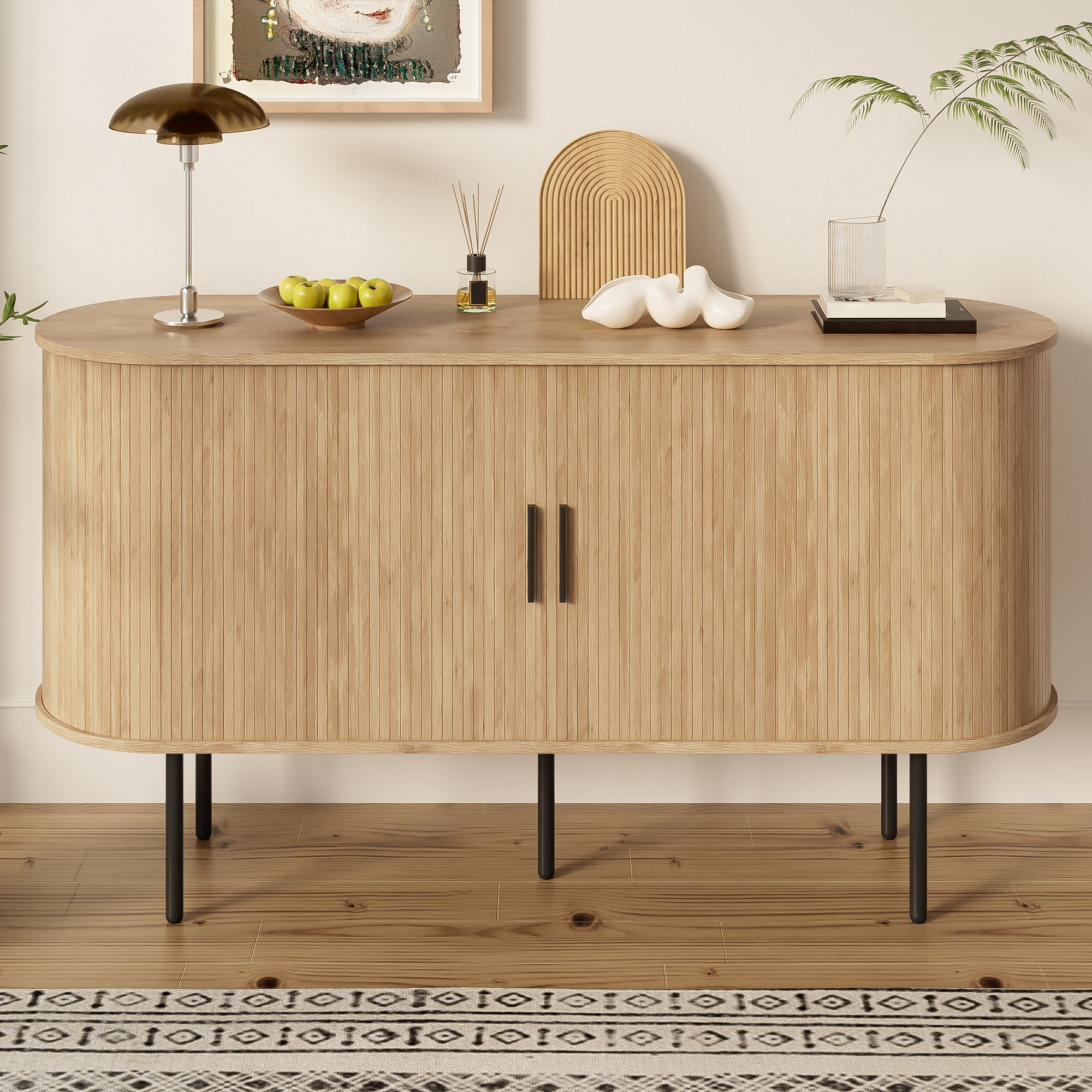 MDF Sideboard, Roller Blind Doors, Aluminum Handles, Iron Legs