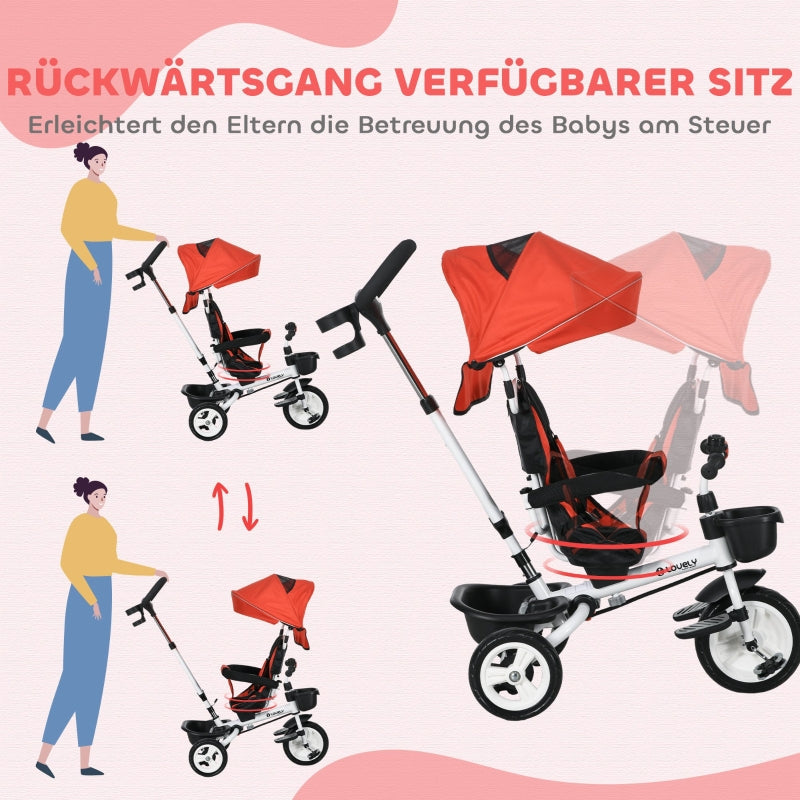 6 in 1 Tricycle with Push Bar, Safety Belt, Foldable, Removable Sunroof, Cup Holder, Basket, Pedal, up to 25 kg, for 1-5 Year Old Children, red