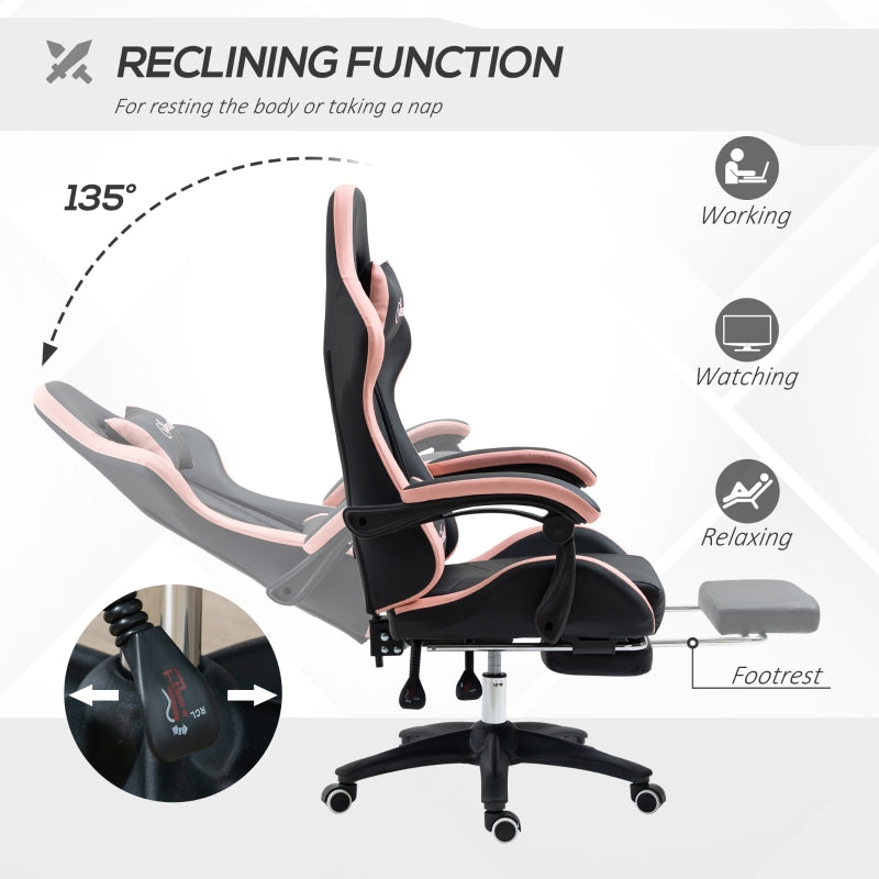 Computer Gaming Chair, 135° Reclining Footrest Lumbar Support, Black and Pink PU Leather