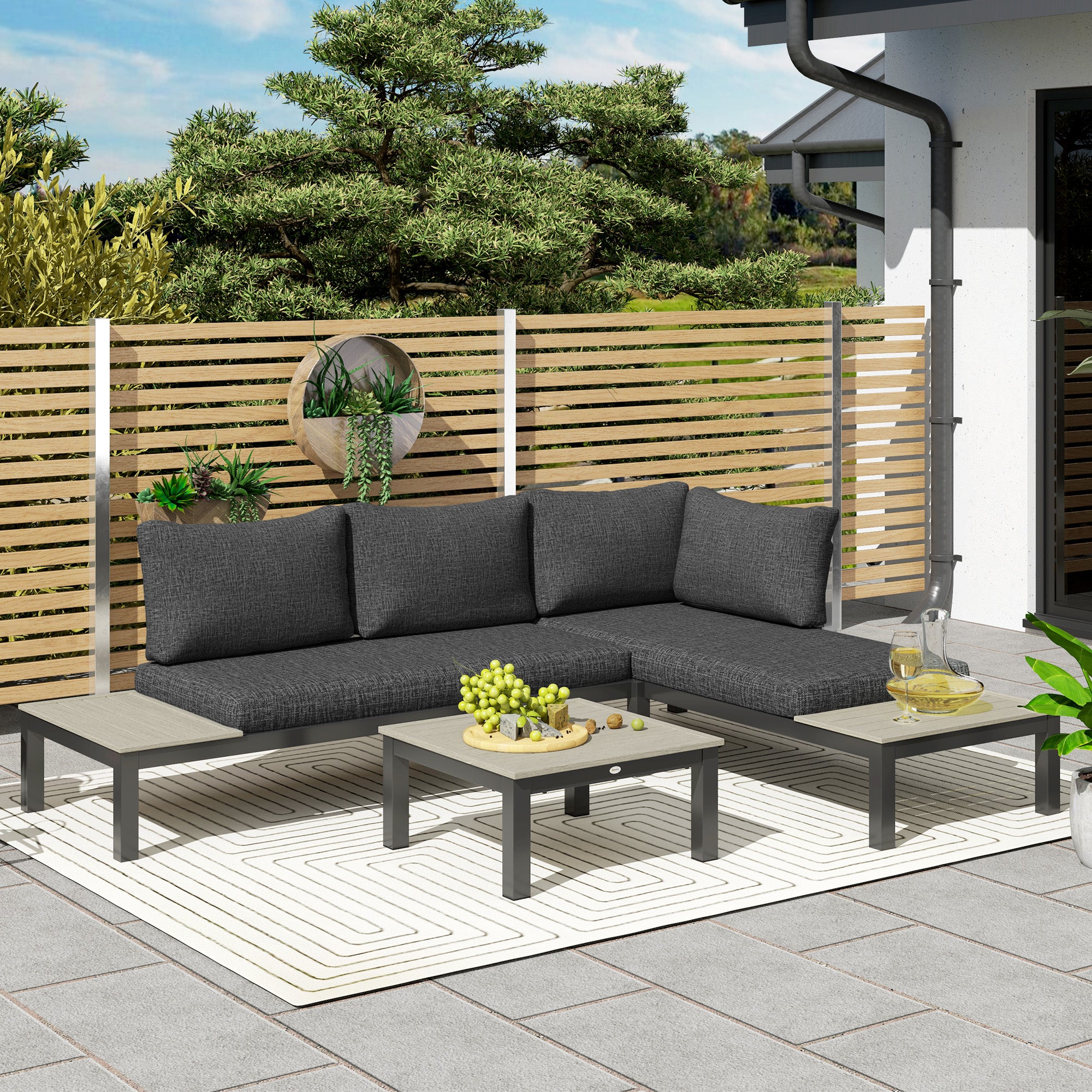3 Pieces Garden Furniture Sets Corner Sofa Set Coffee Table Aluminium Dark Grey