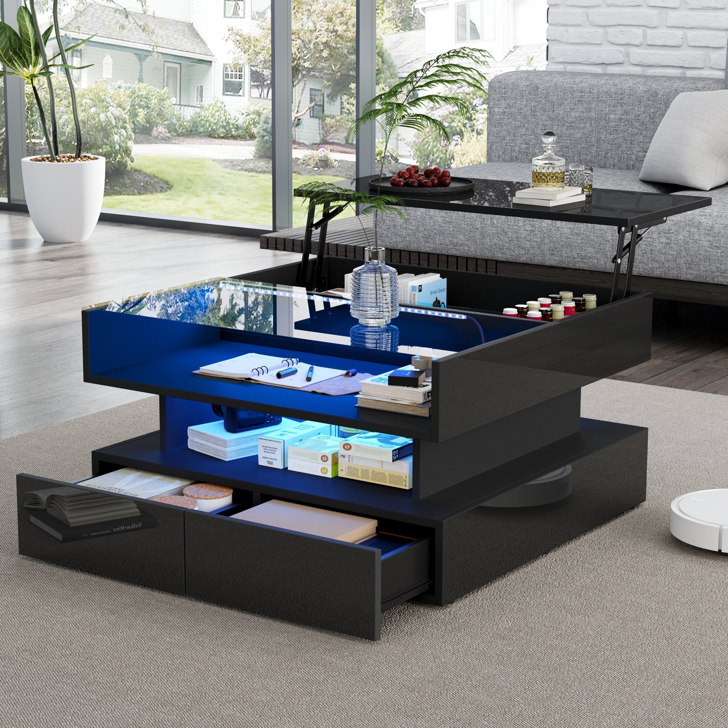 Coffee Table Height-Adjustable Hidden Storage LED Lights Tempered Glass, Black