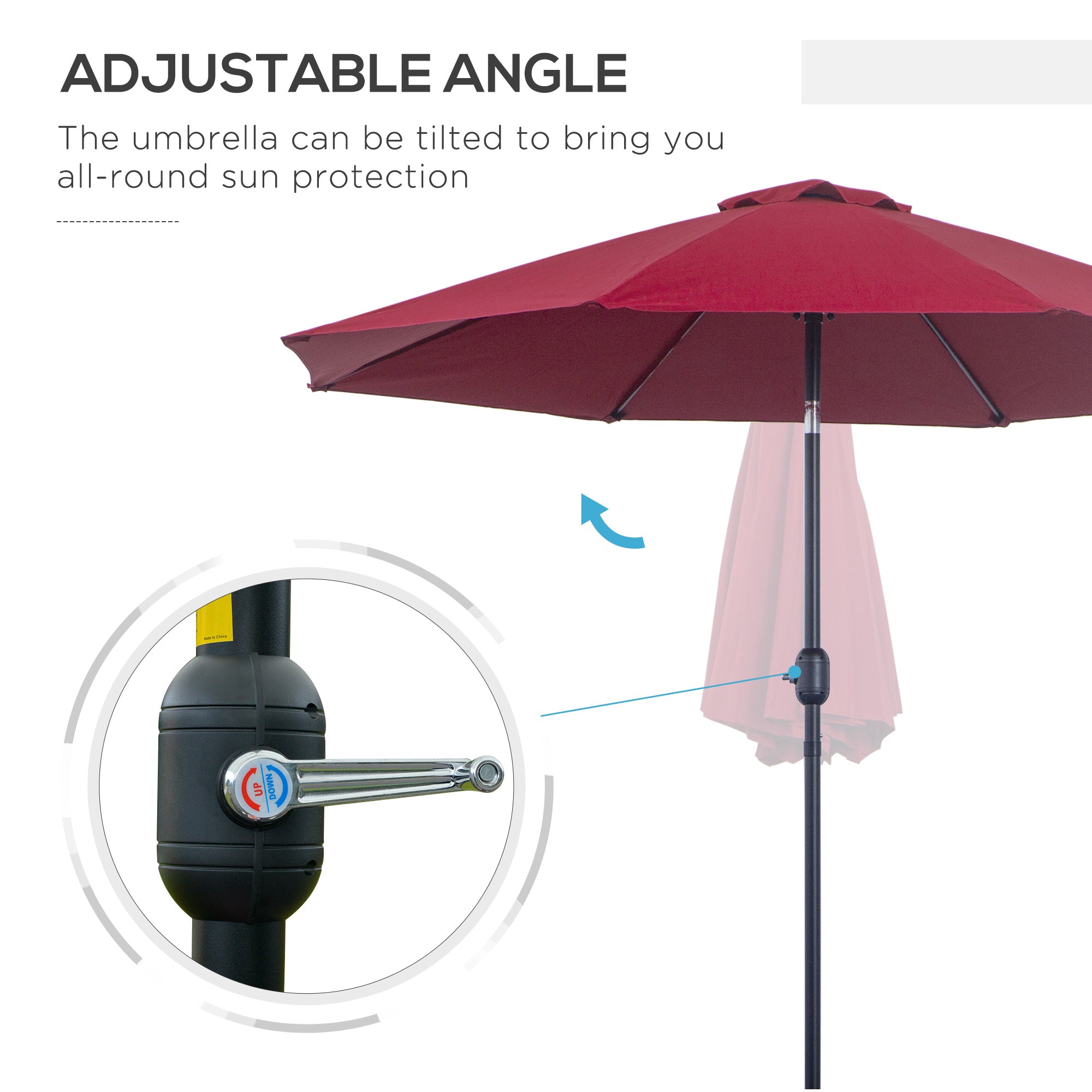 Garden Parasol Umbrella, 2.7M Tilting Aluminium Frame Sun Shade, Wine Red