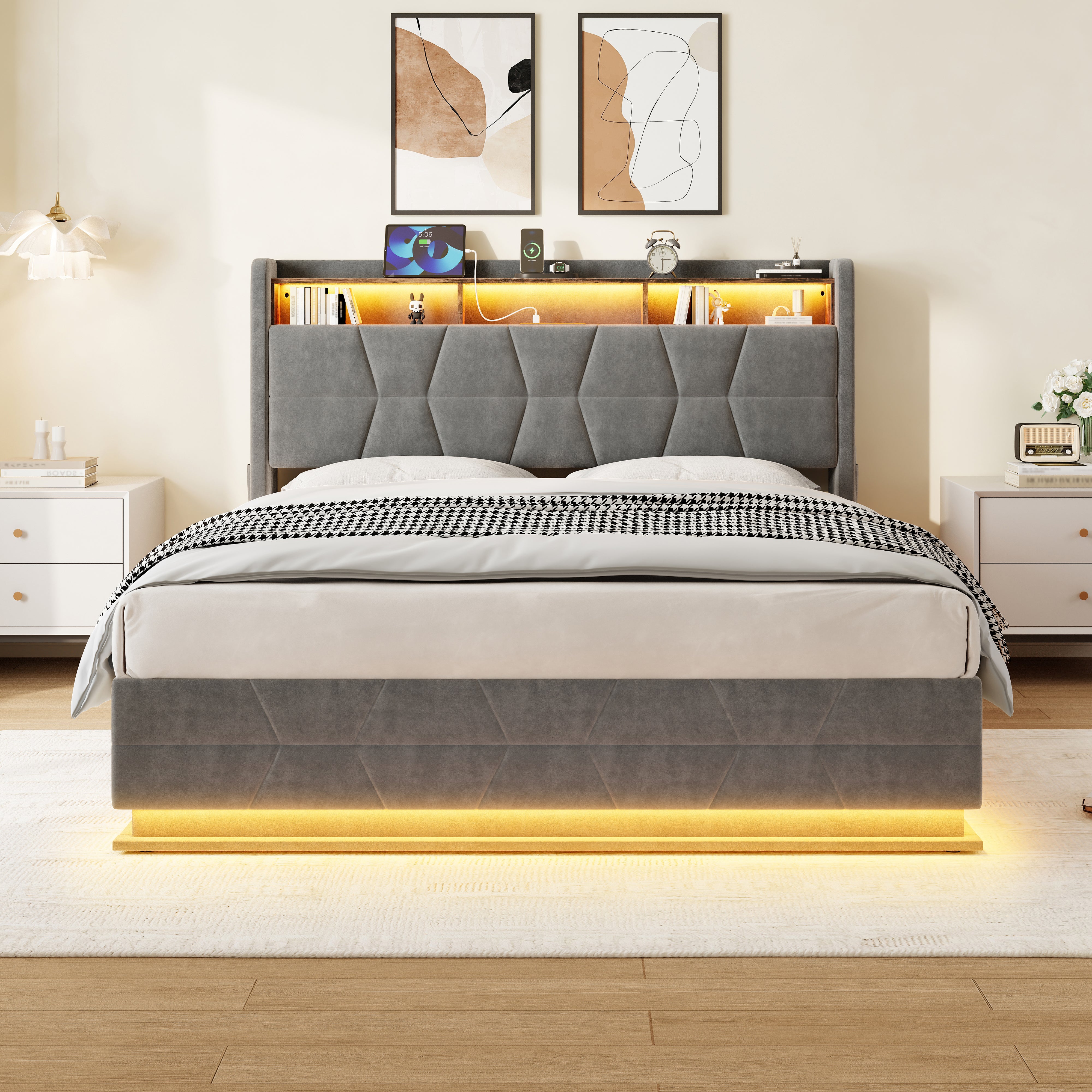 Multifunctional Bed with LED Lighting, Storage Headboard and USB Charging, 160x200cm Dark Grey Velvet