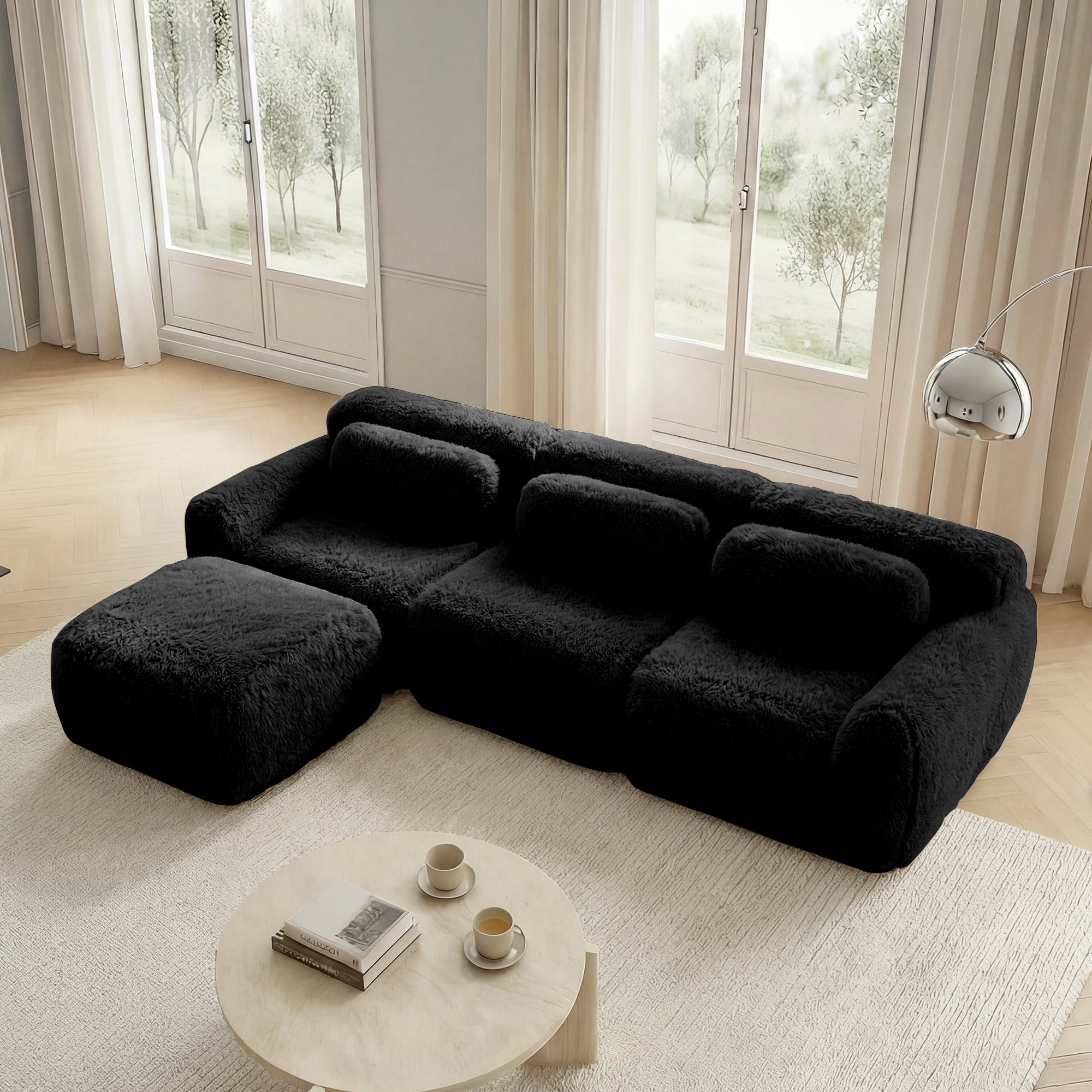L-shaped Modular Sofa Frameless Deep Seating - Black Plush Fabric