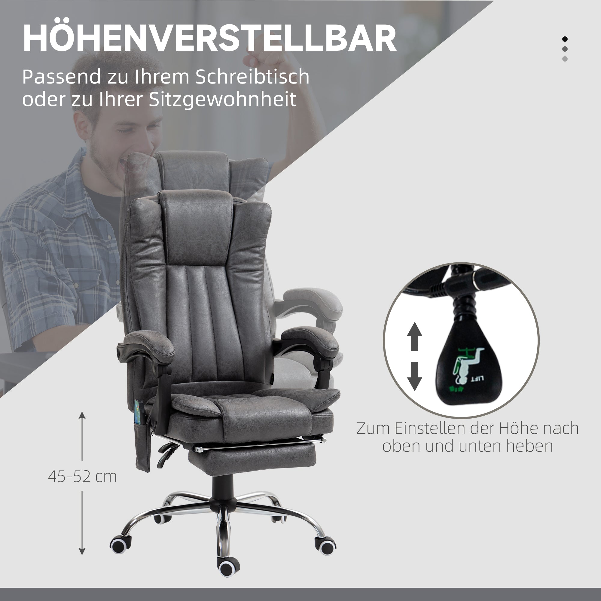 Vinsetto Office Chair with Massage & Heat, Adjustable Footrest, Grey