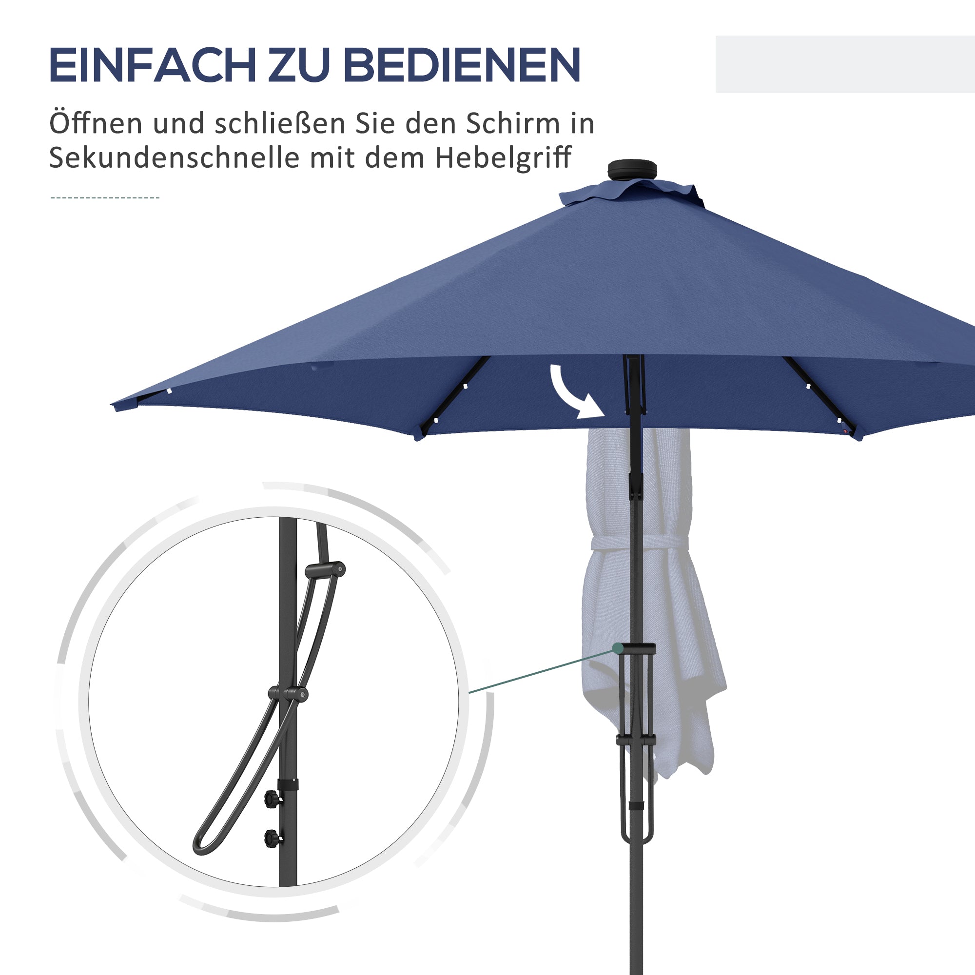Solar Parasol, LED, Ø290x260 cm, UV Protection, Hand Crank, Polyester Dark Blue
