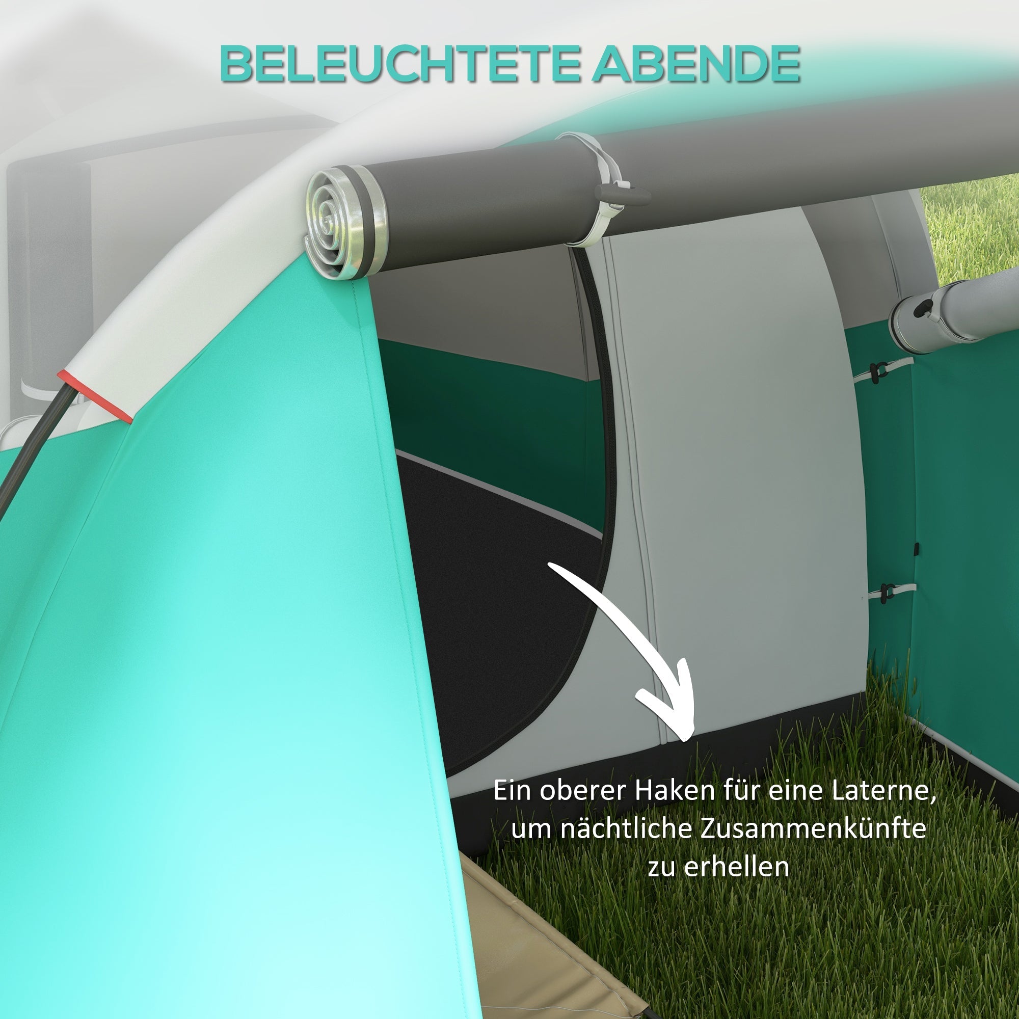 Tunnel Tent Camping Tent, 5 People Family Tent 2 Rooms, Green