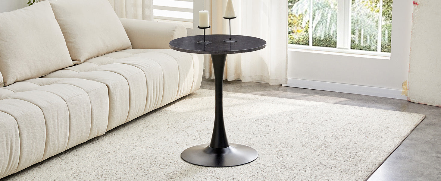 Round Side/Dining Table 60cm Marble Look - Black MDF