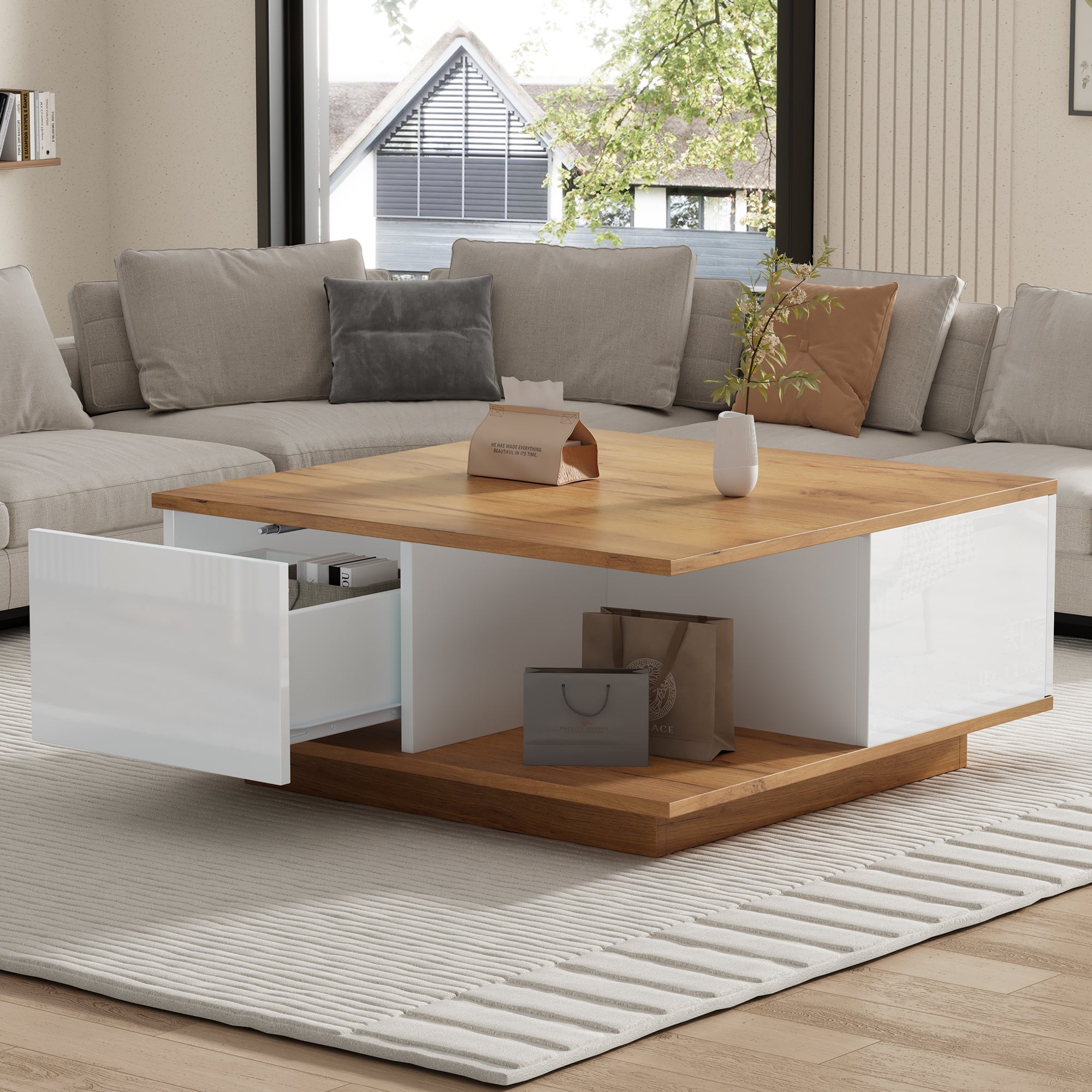 Coffee Table 70x70x31.5cm, 3 Drawers, High-Gloss, White & Original Wood Color