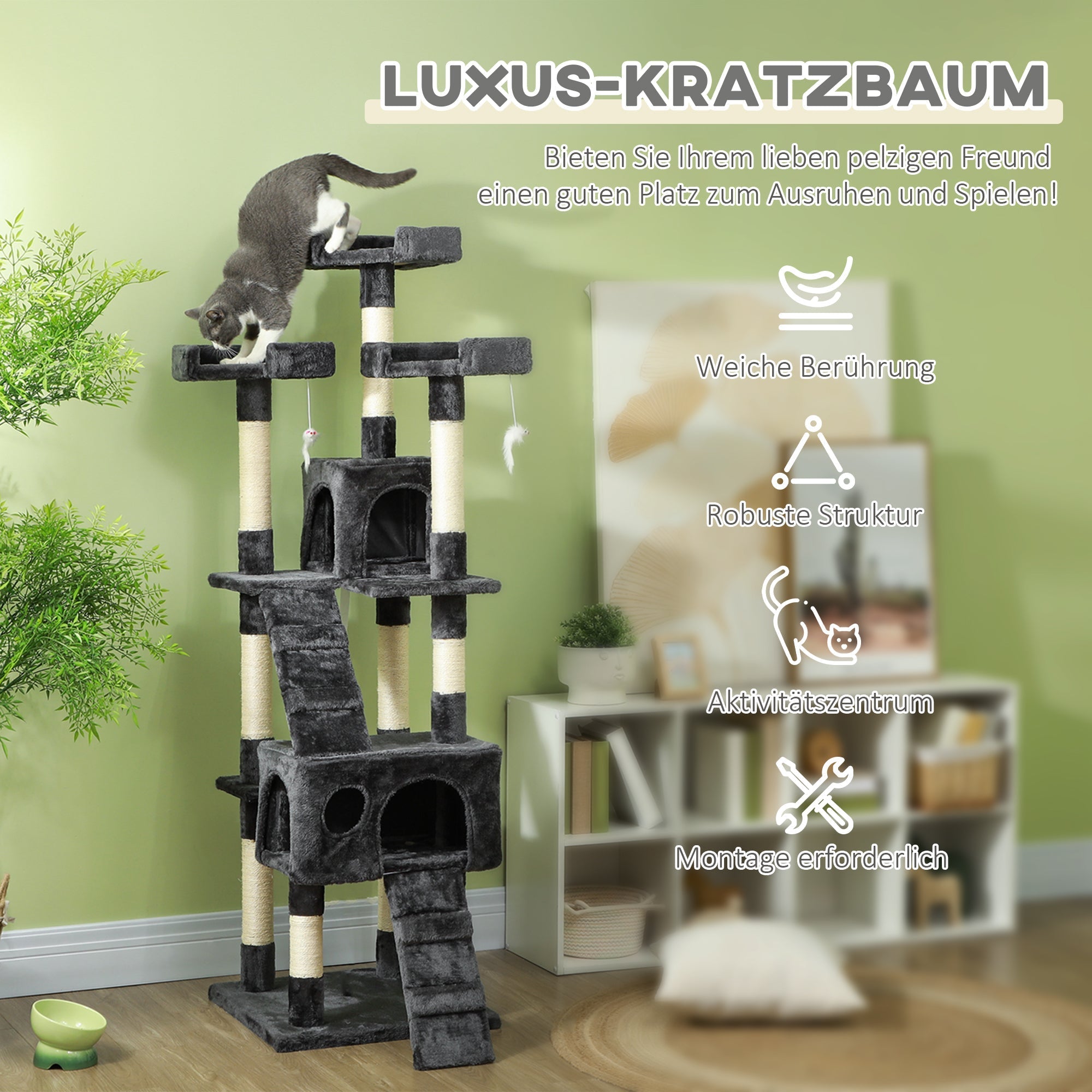XXL Cat Tree Multi-Level with Cat Cave, Ladder, 50x50x170cm, Grey