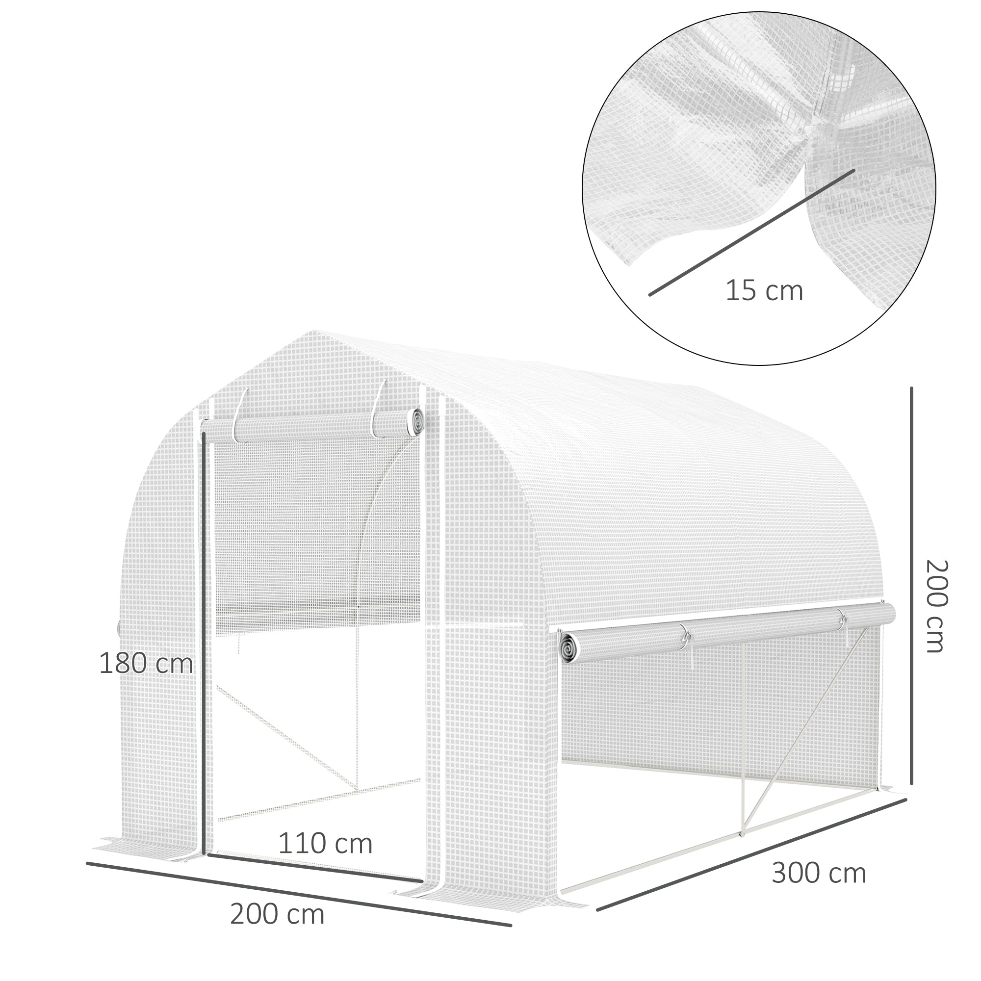 Greenhouse Polytunnel, 3x2x2m, 4 Windows & Door, White