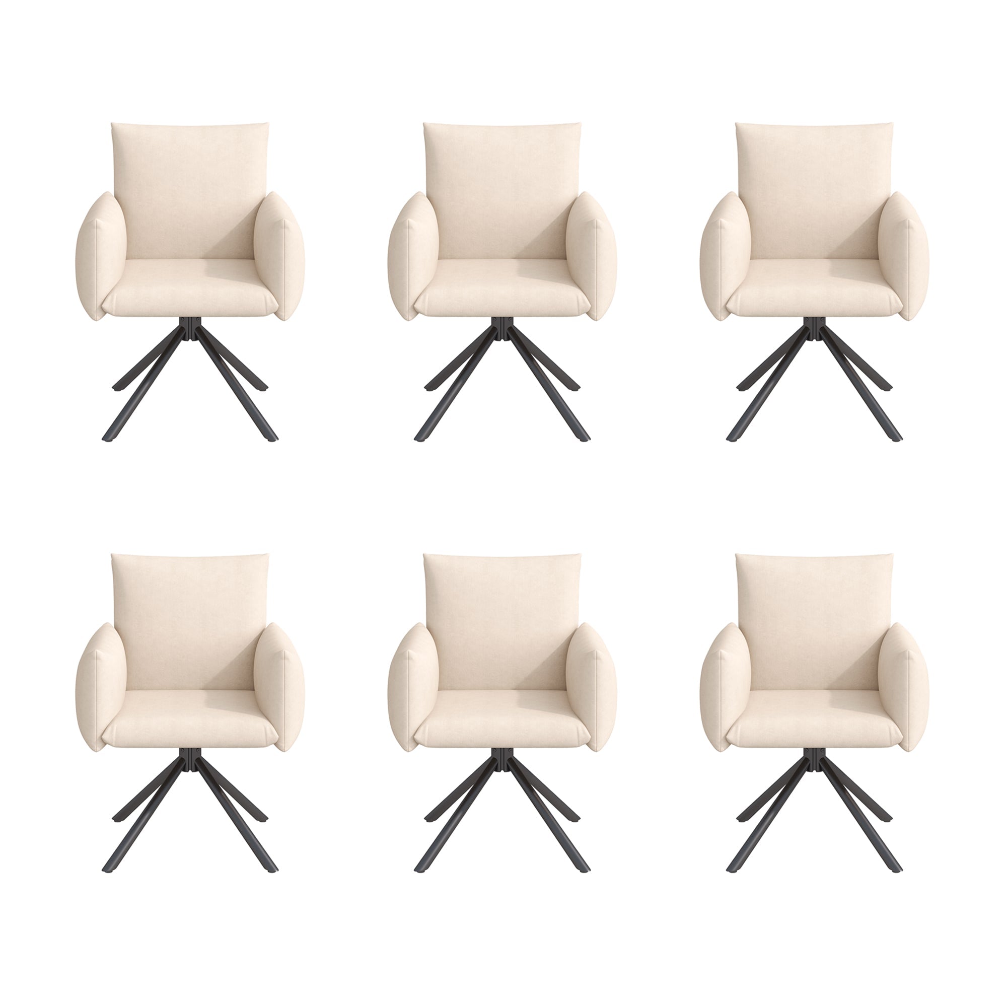 Dining Swivel Armchair Set of 6, Upholstered 360° Metal Legs Lumbar Support - Velvet Beige
