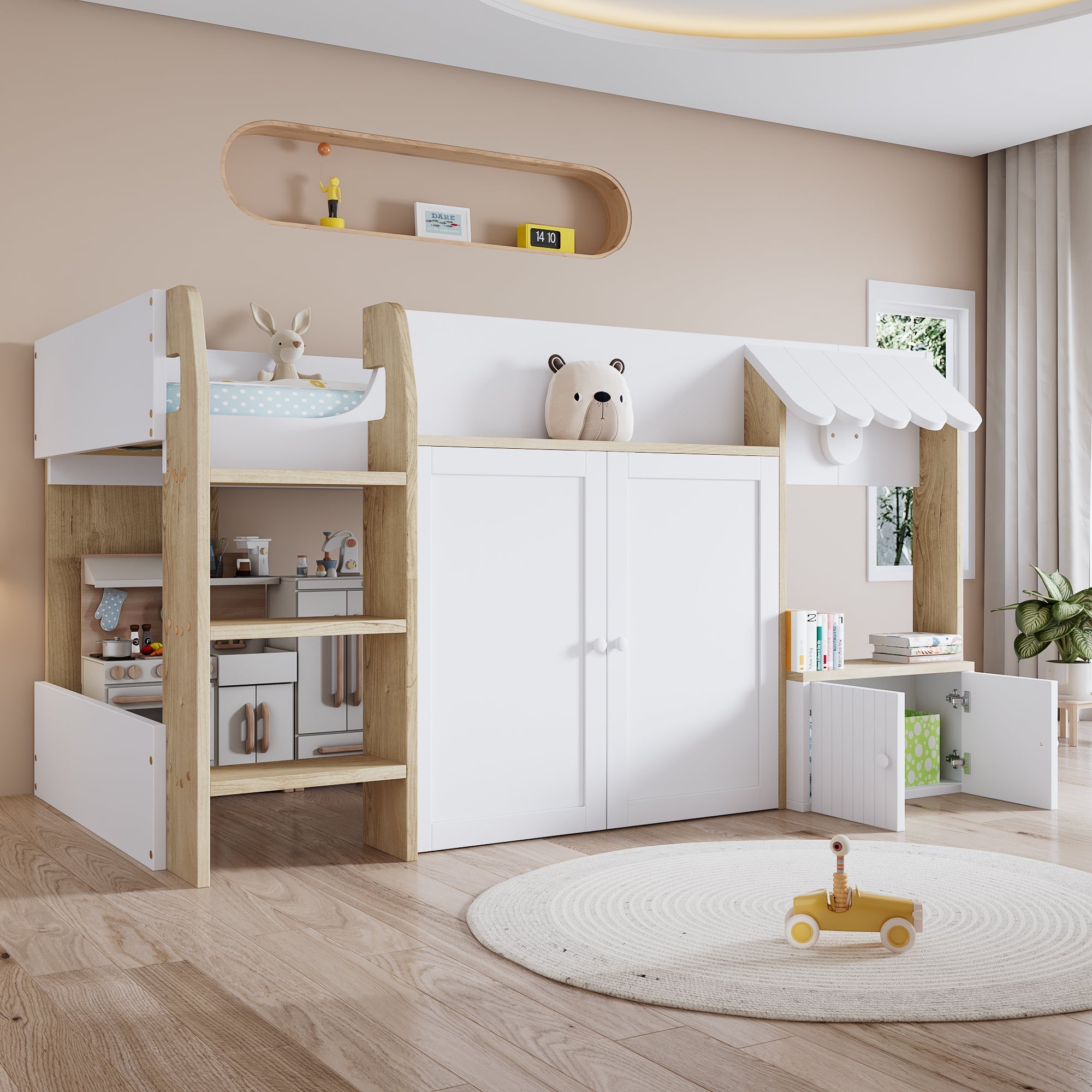 Wooden High Sleeper Bed 3ft Single with Ladder and Storage Cabinets, White Pine + MDF + Plywood