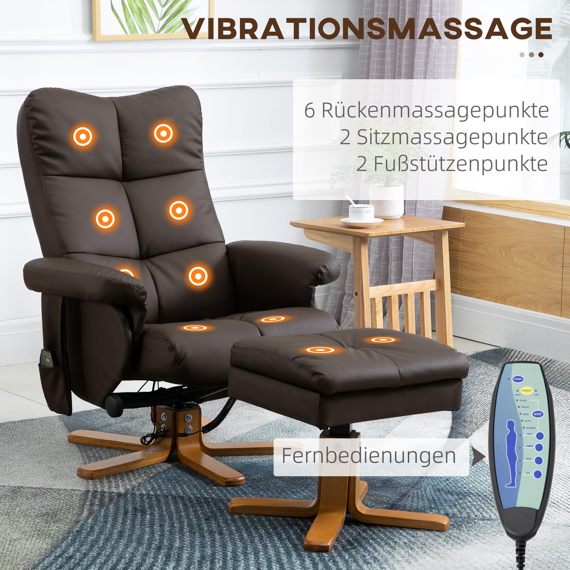 Relaxliege, Massagesessel mit Fußhocker 145° Neigung, 10 Vibrationspunkte, Kunstleder Braun