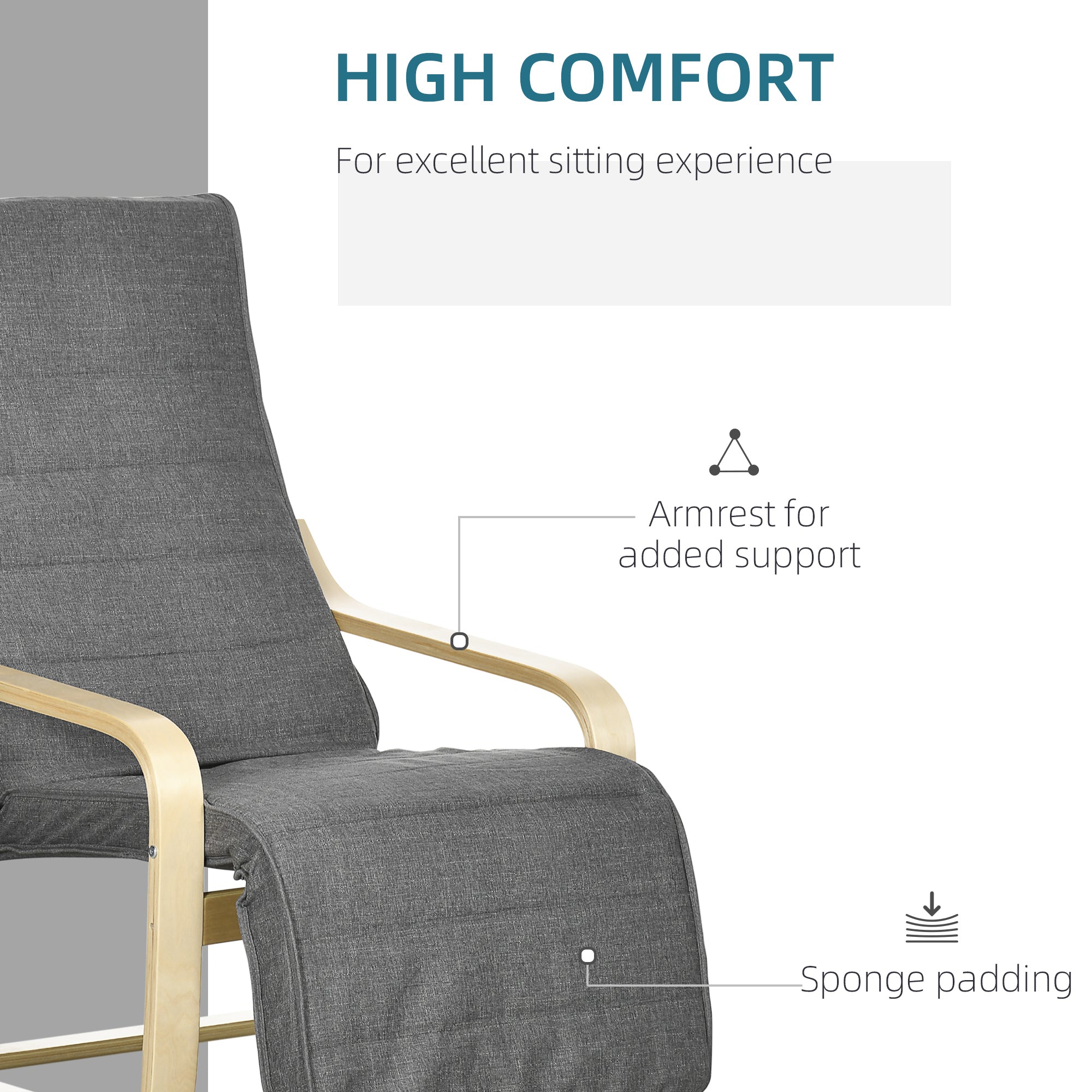 Wooden Lounging Chair Recliner with Adjustable Footrest & Removable Cushion, Dark Grey