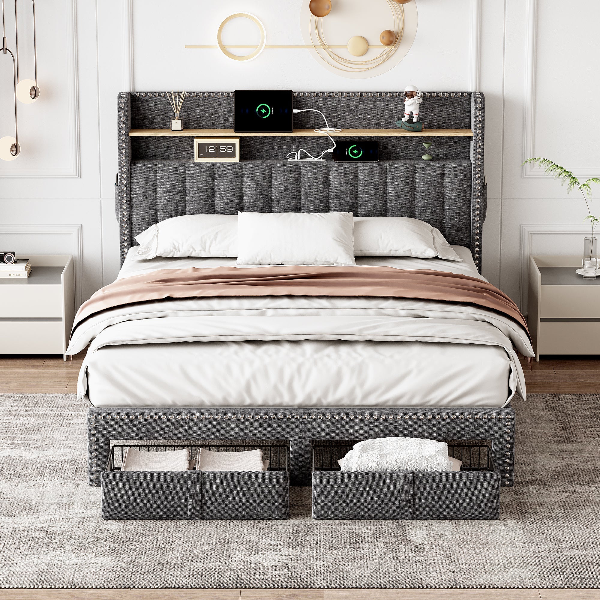 4ft6 Double Upholstered Bed with 2 Storage Drawers, Riveted, Charging & Lighting, Linen Platform, Grey