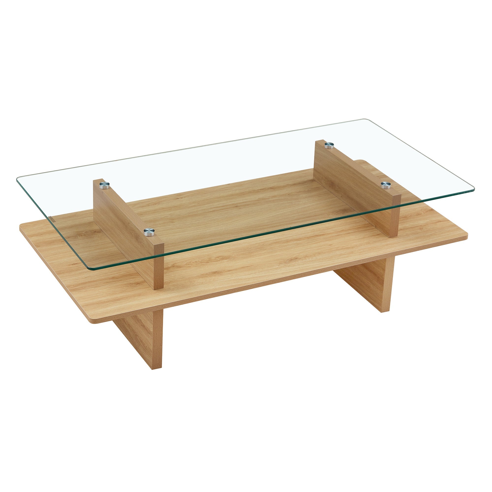 Two-Layer Coffee Table with Tempered Glass and Sturdy MDF Frame, Natural Wood Finish