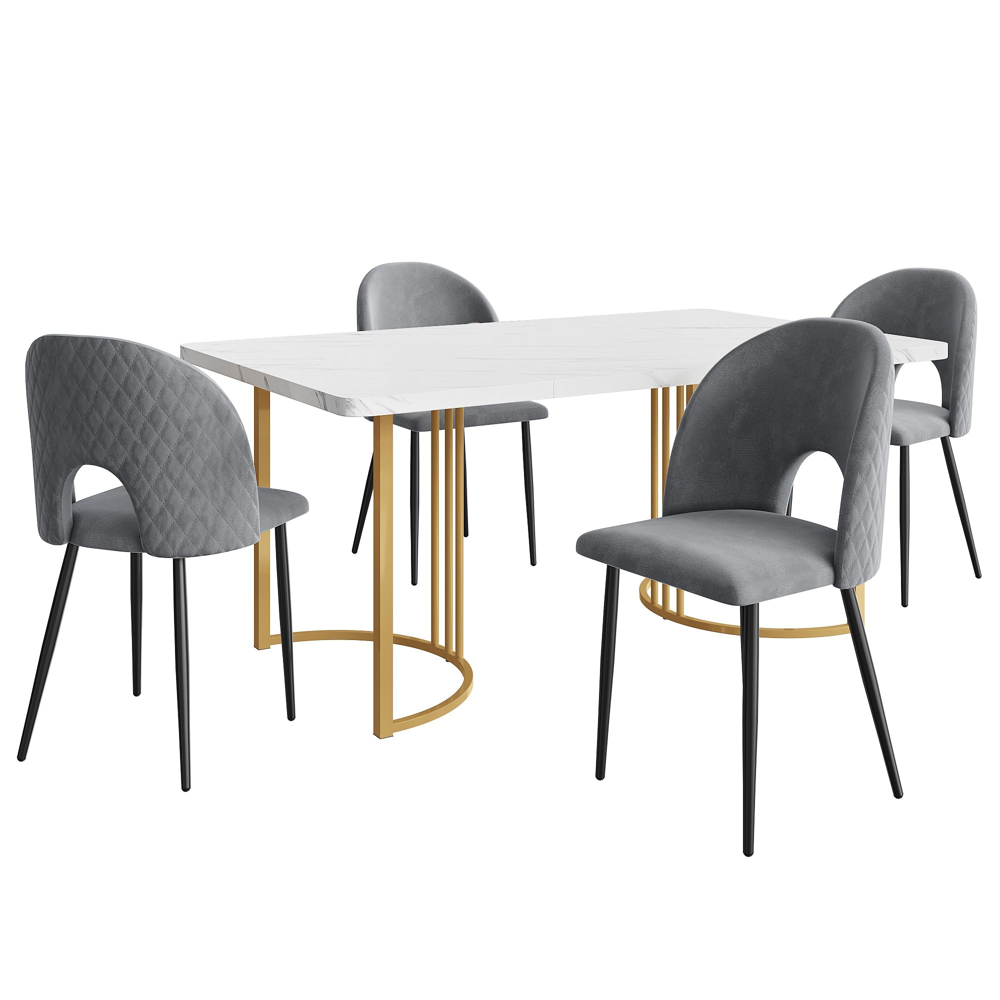 Dining Set, 140x80cm Table with 4 Chairs, Velvet Gray & White MDF