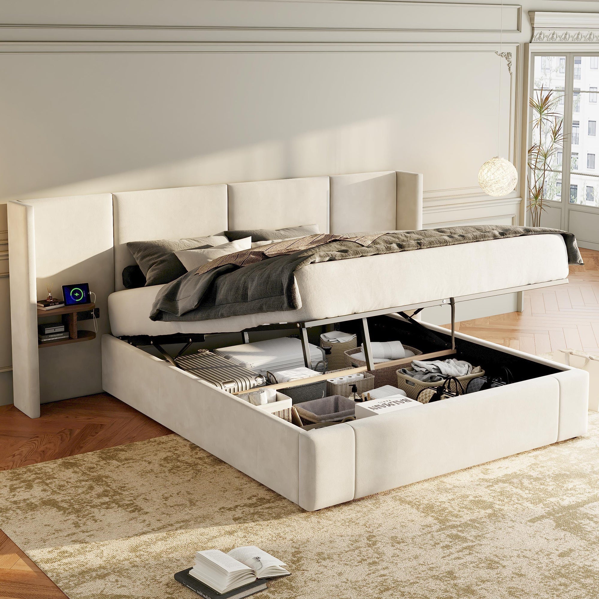 Upholstered Bed 160x200cm Hydraulic Storage USB Power Outlets 2 Bedside Tables Velvet Beige