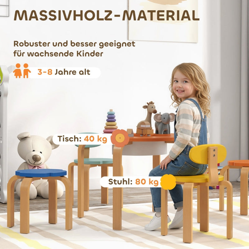 Children's Table and Chair Set 5-Piece Flower Shape Storage Bag - Wood Colorful