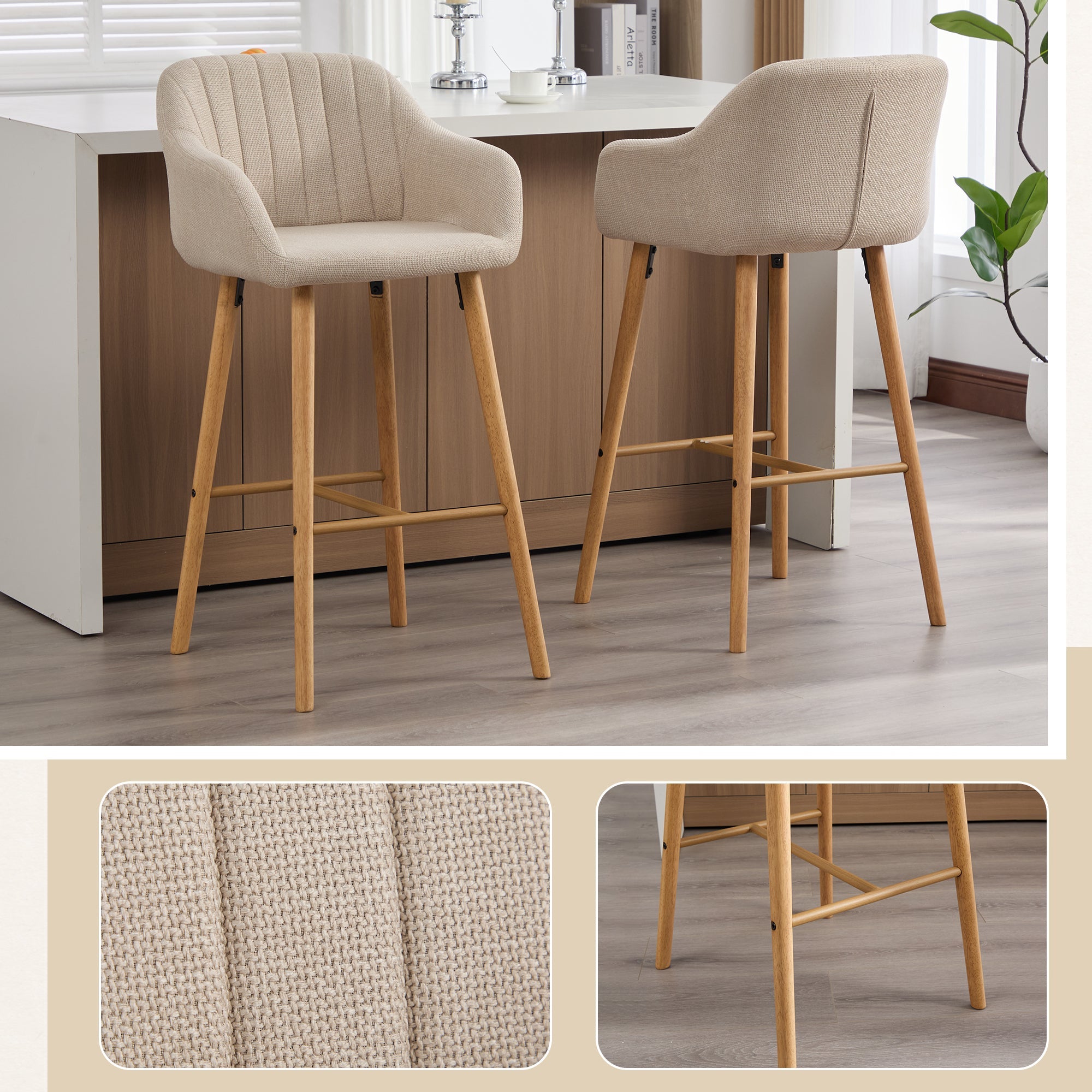 Bar Stools, Set of Two, High Backrest & Armrests, Linen & Wooden Legs