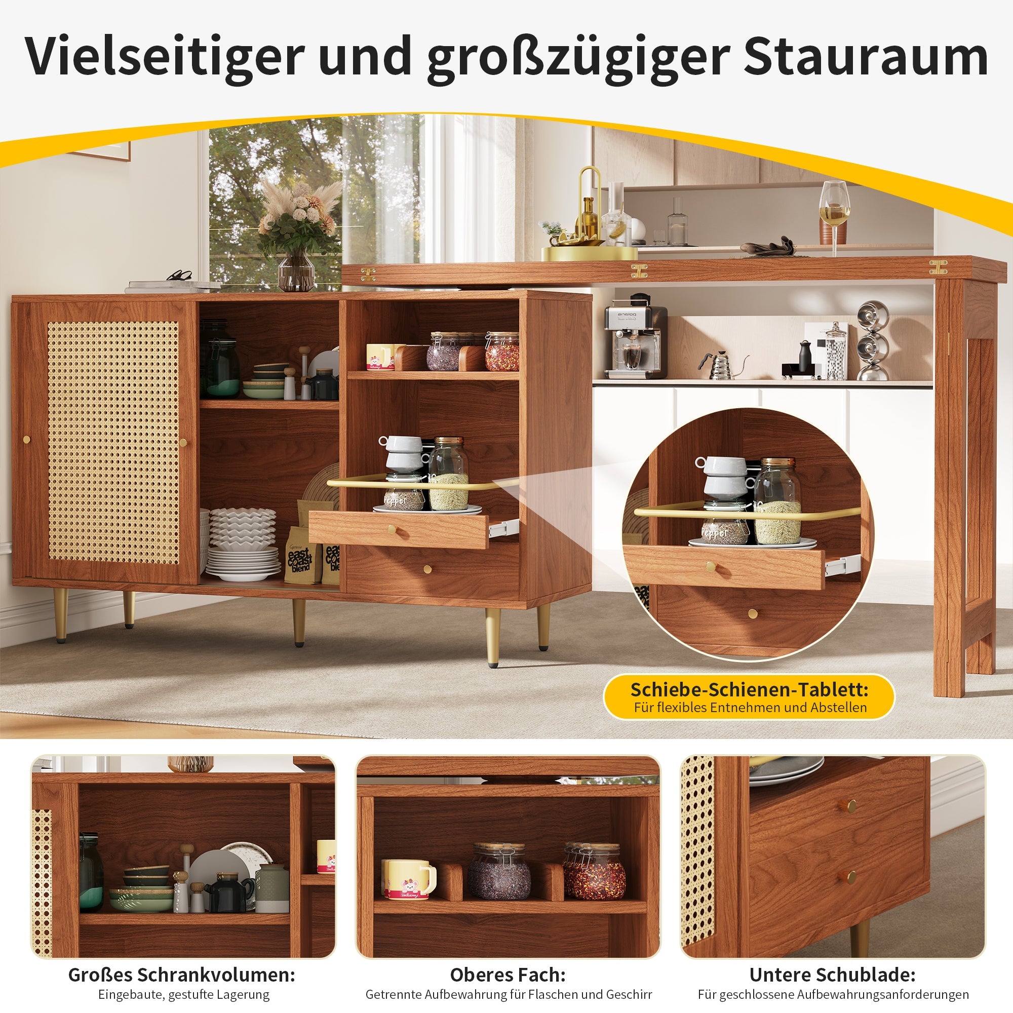 360° Rotating Bar Table Extendable Storage Rattan Door Brown