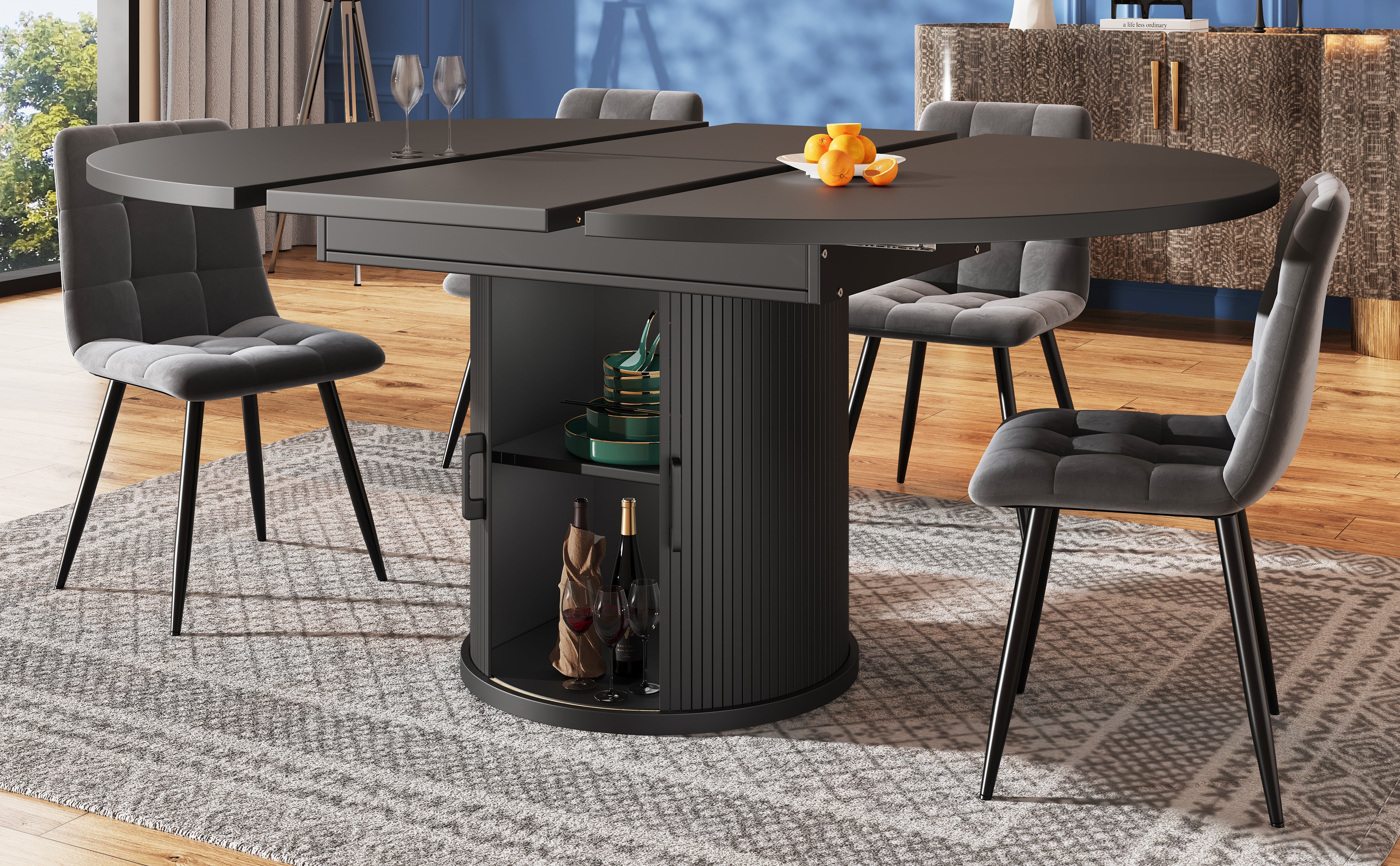 Extendable Dining Table Round to Oval, 118–158 cm, 6 Seater, Walnut/Black