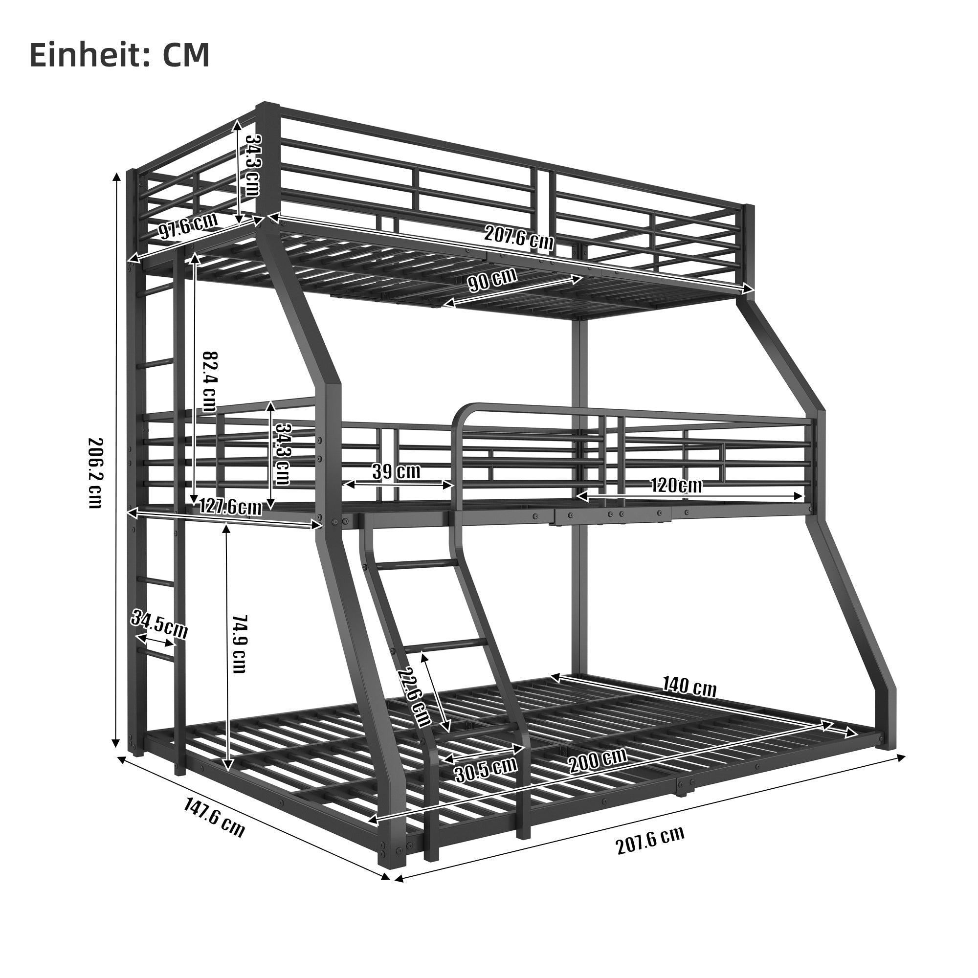Triple Bunk Bed 90/120/140x200cm Metal Frame - Black