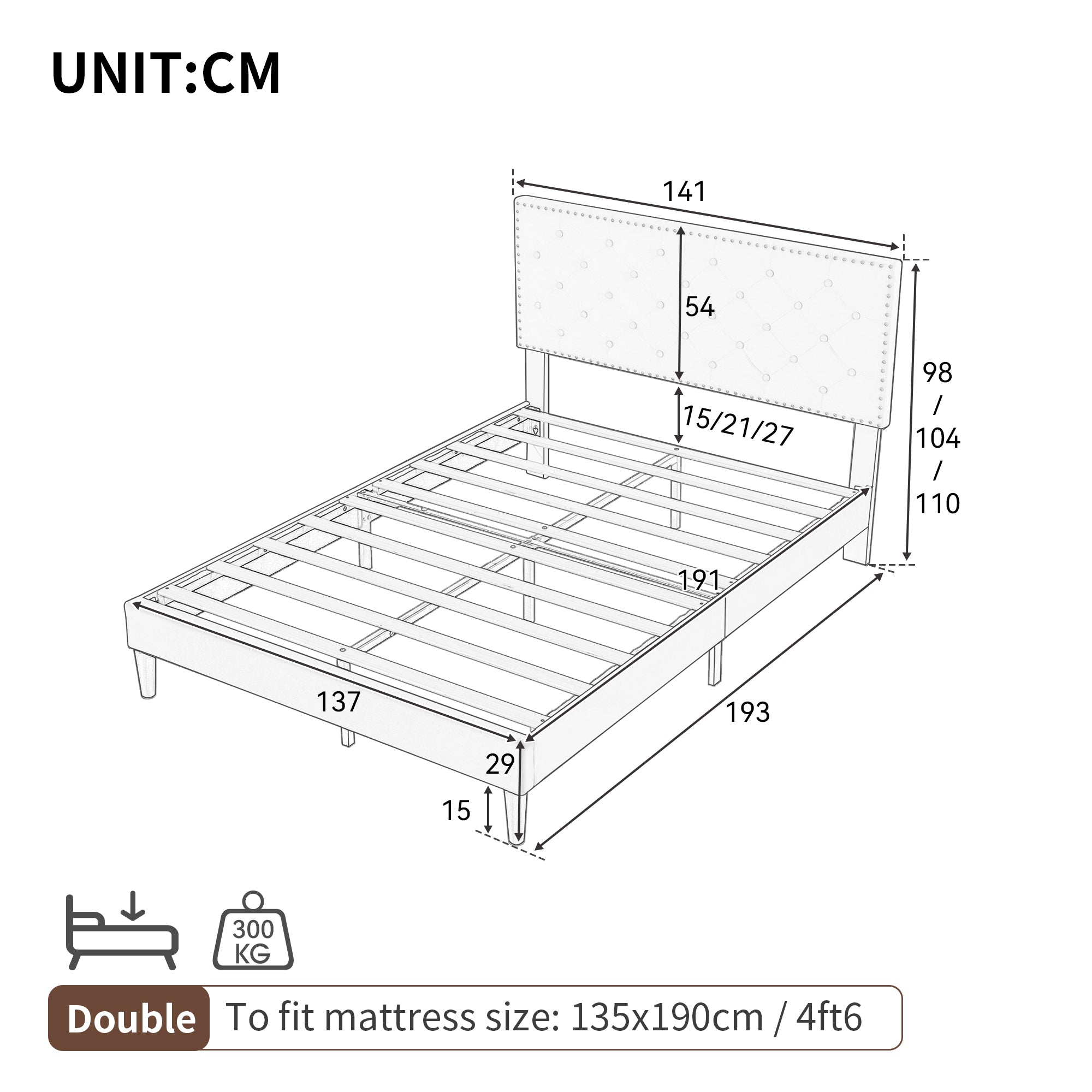 4ft6 Double Upholstered Velvet Bed Frame, Adjustable Button-Tufted & Riveted Headboard, Beige Velvet