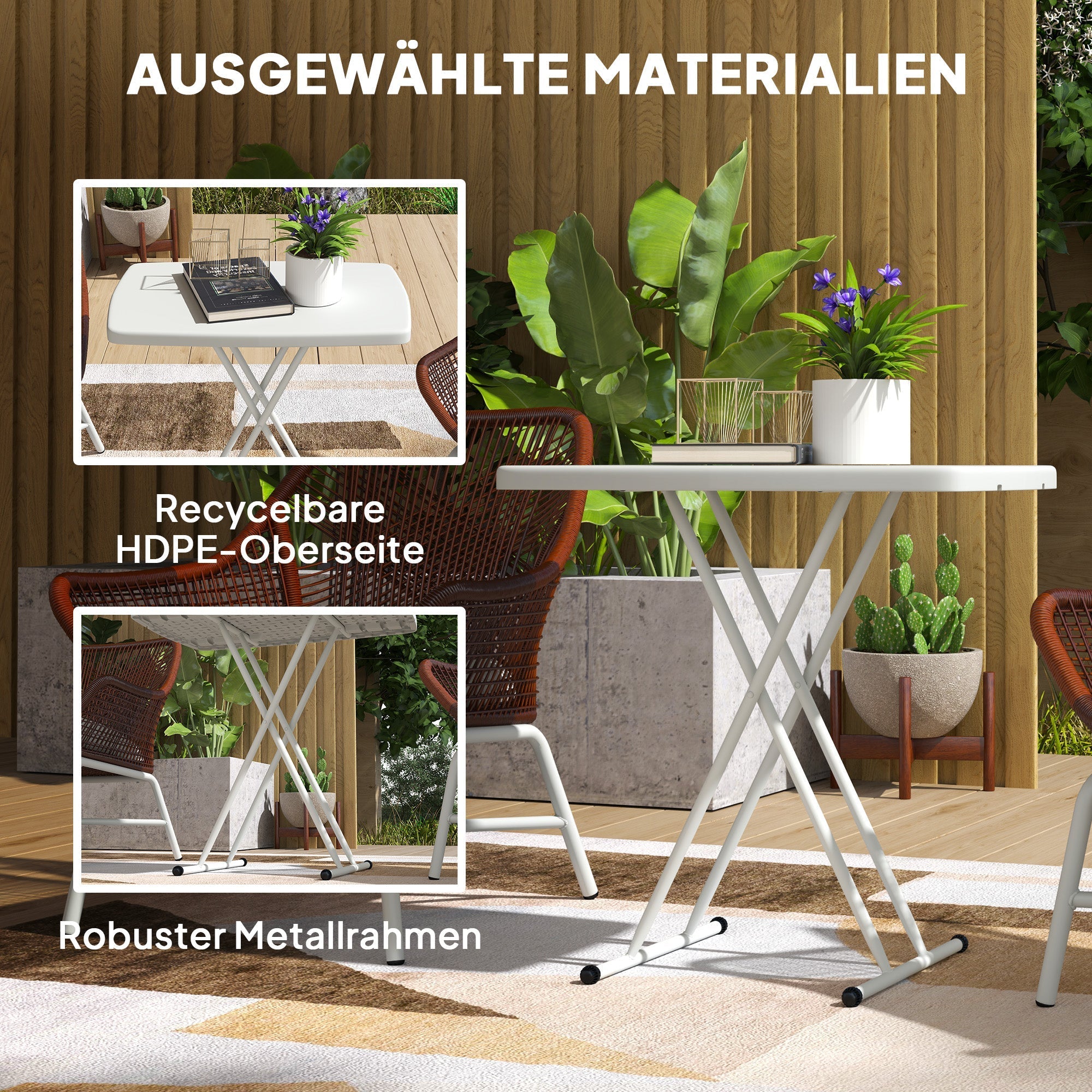 Side Table, Height-Adjustable Foldable Outdoor/Indoor, 76x50x74cm, Plastic White