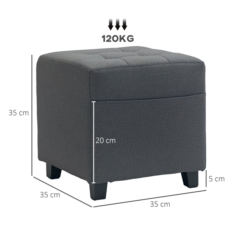 Square Footstool Small Ottoman with Side Pocket, Padded Seat, 35x35x35cm, Linen Fabric Grey