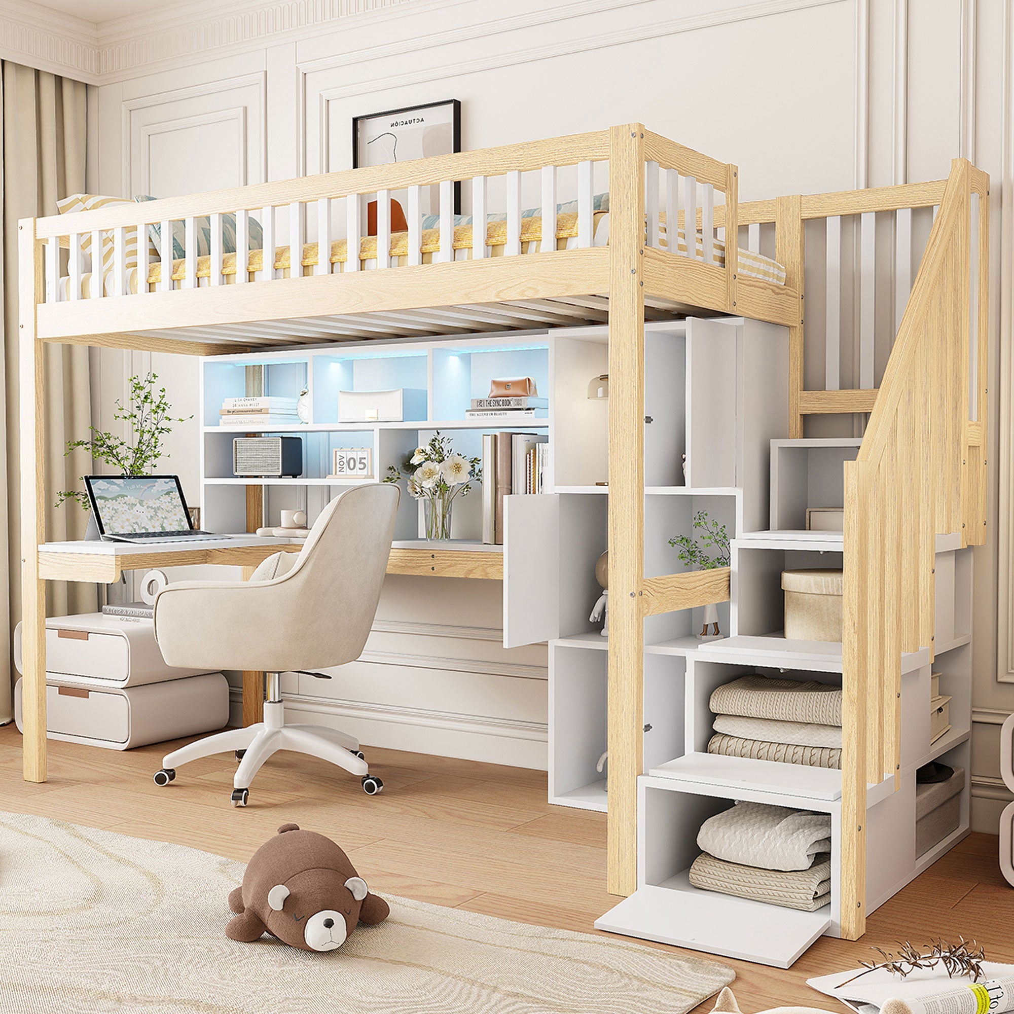 Loft Bed with LED Lights, Desk, Shelves and Storage Ladder, 90x200cm, White and Natural Wood