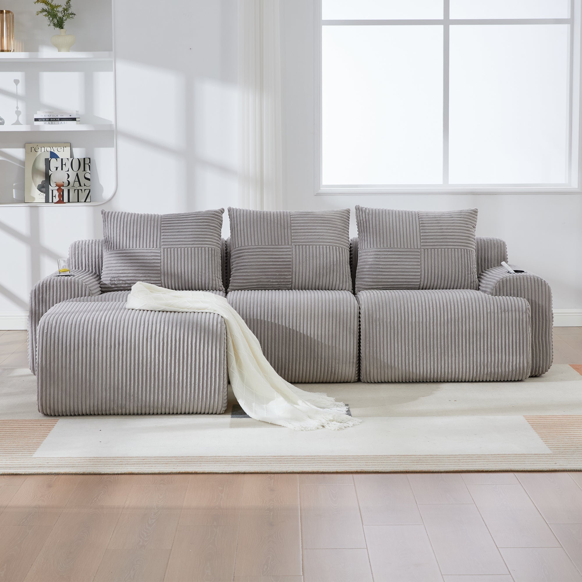 3-Seater Modular Corduroy Sofa with Ottomans, Cup Holders and Storage, Light Grey
