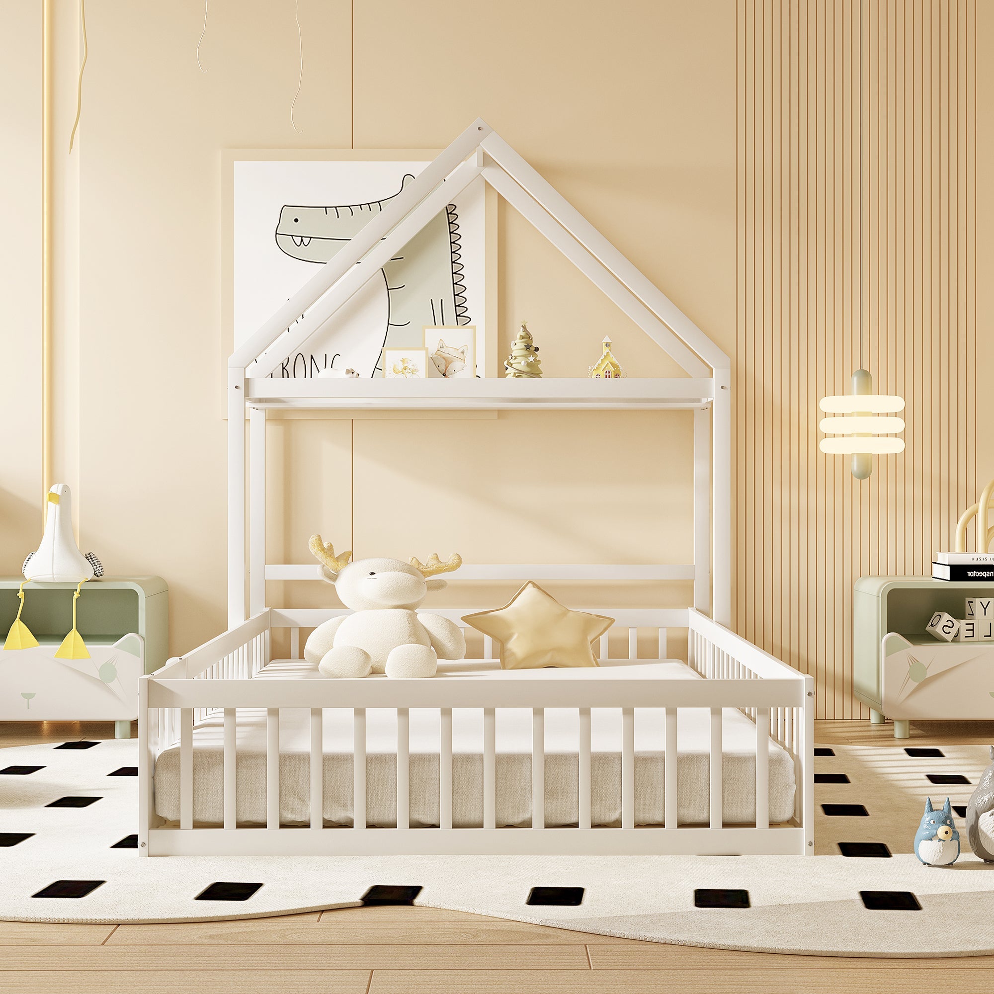 Children's Bed 140x200, Solid Wood Frame with Storage & Safety Gate, White