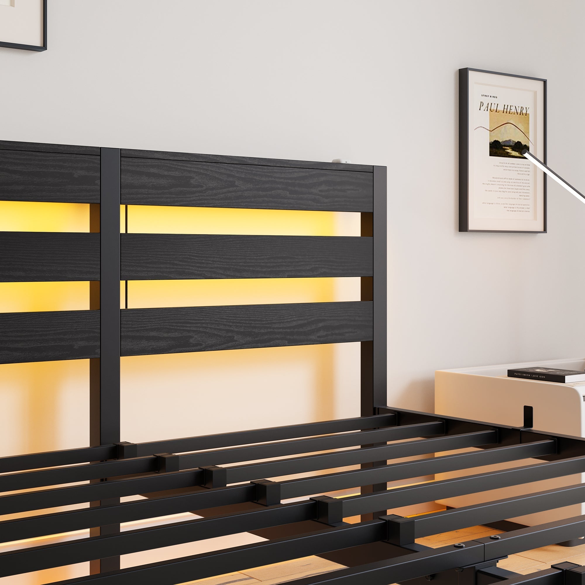 Metal Bed Frame 140x190cm LED USB Charging Storage - Metal