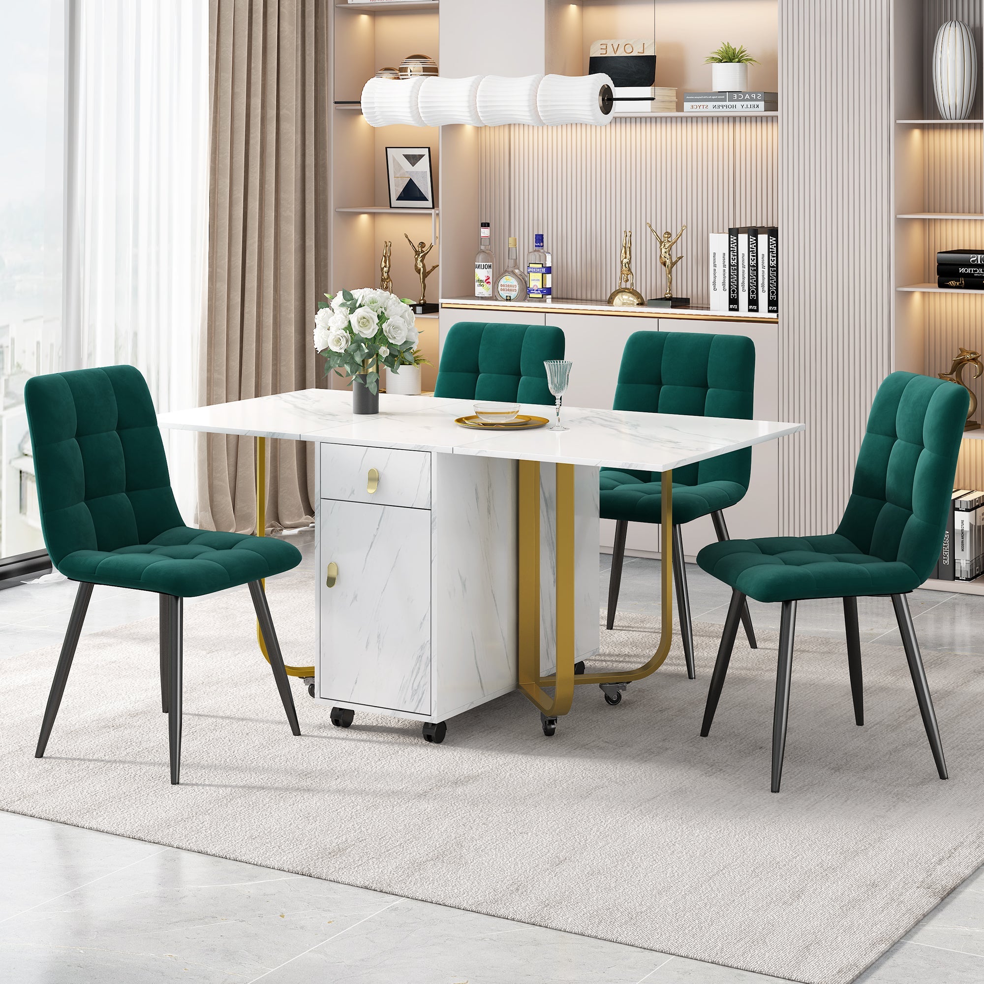 Dining Set, Folding 150cm Table & 4 Velvet Chairs, White MDF/Black Legs