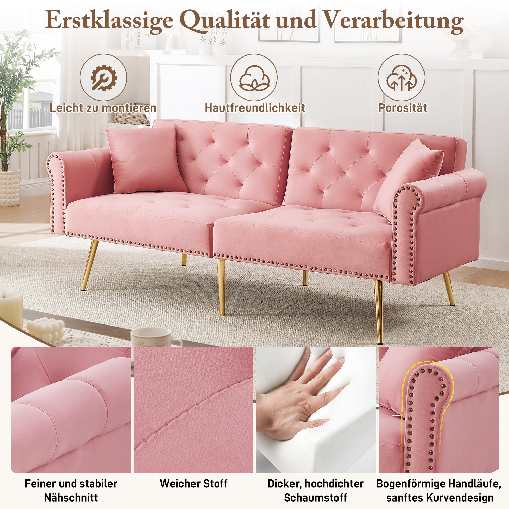 Sofa Bed, 2-Seater with 3-Level Adjustable Backrest & Gold-Plated Metal Feet, Velvet