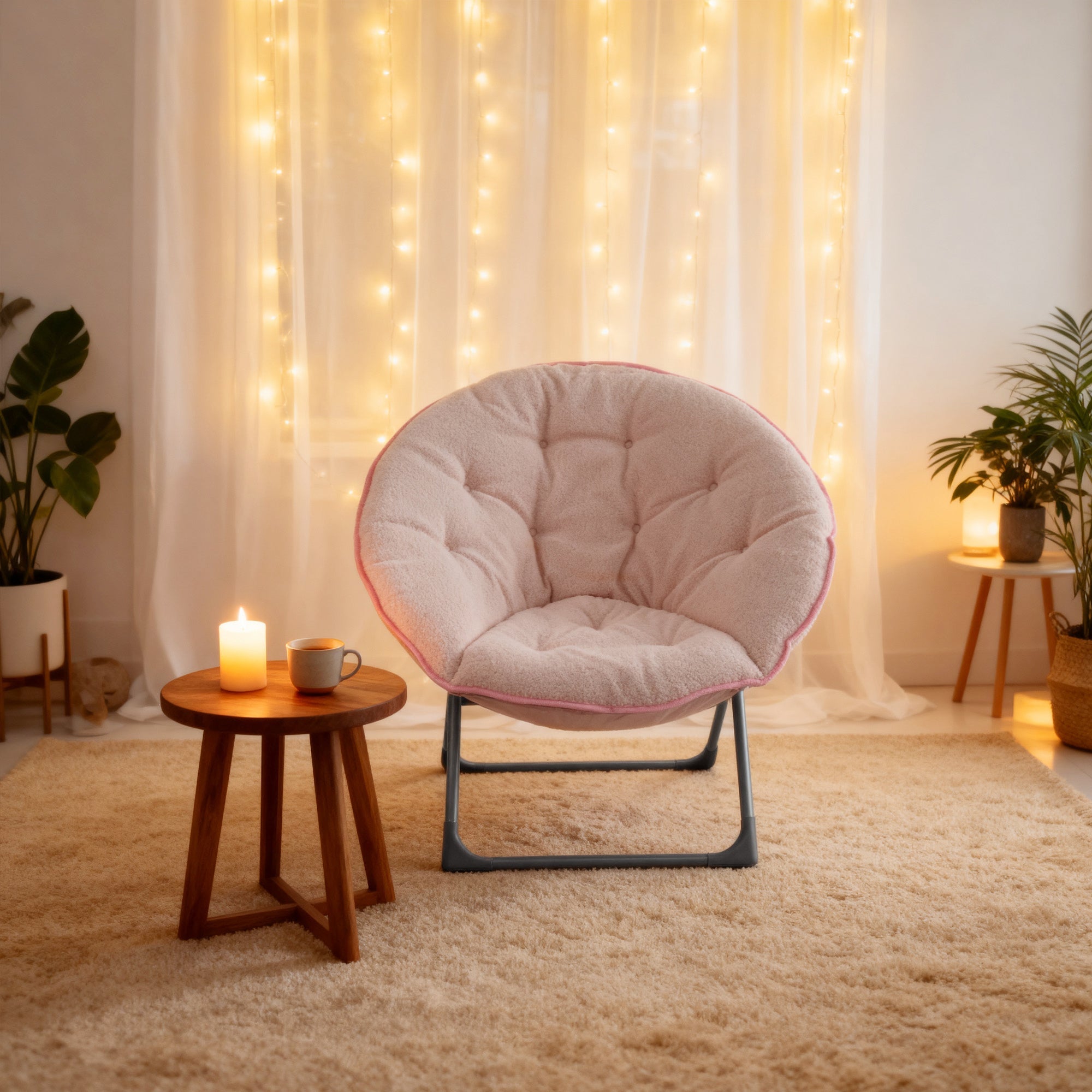 Folding Moon Chair Soft Sheep's Wool Portable - Pink
