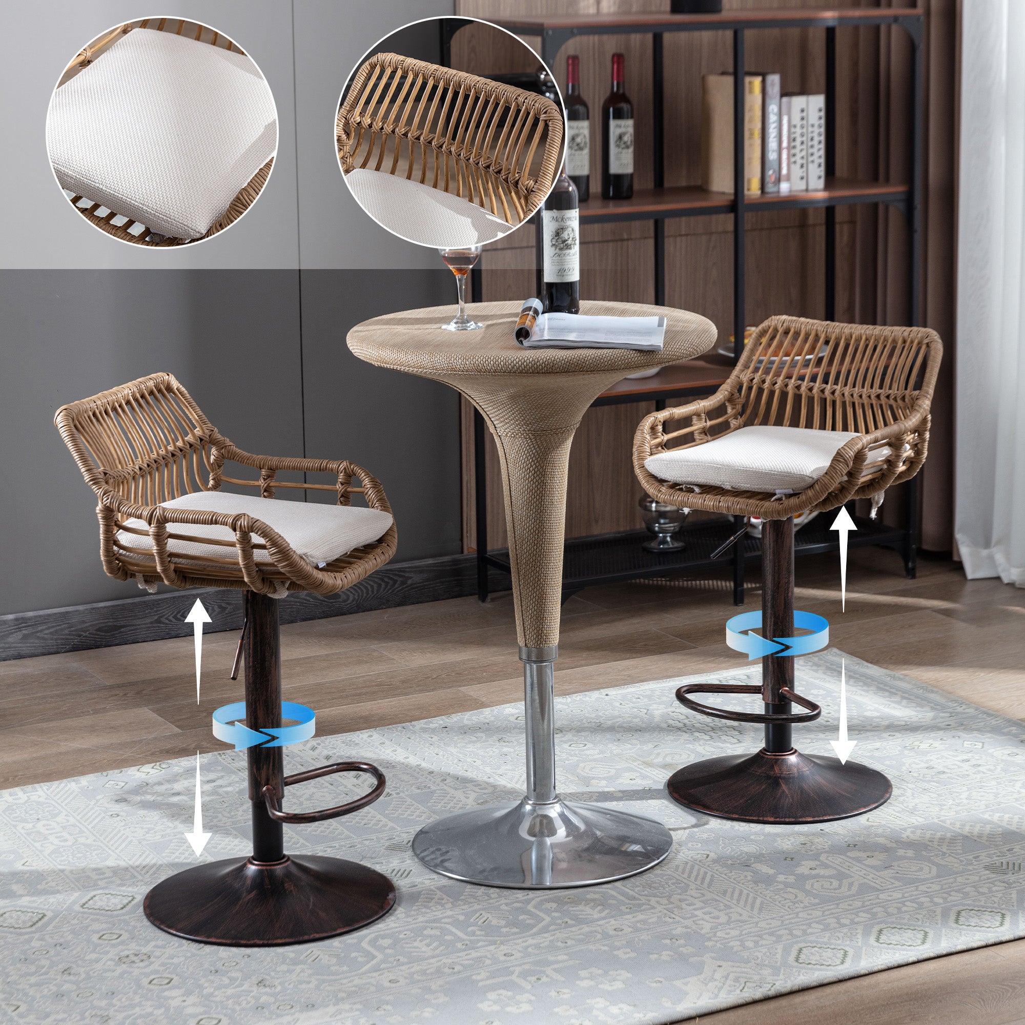 GOMYWAY 2 PCS Modern Swivel Bar Stools Height Adjustable, Wicker Beige