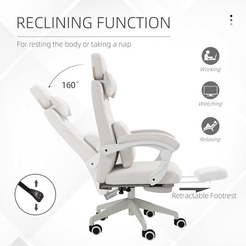 Linen-Look Office Chair 160° Reclining Back Footrest White